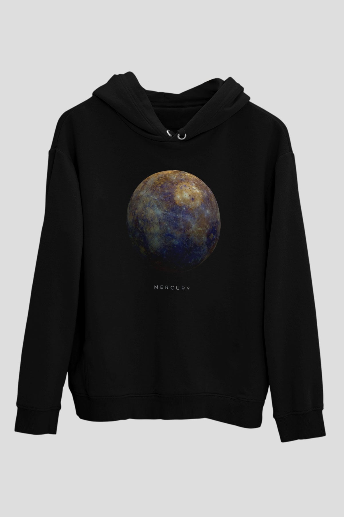 Merkür Gezegen Baskılı Unisex Siyah Kapüşonlu Sweatshirt