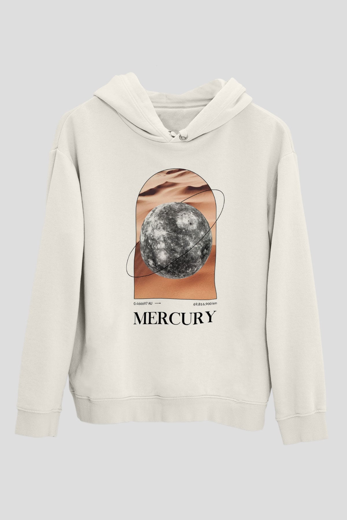 Merkür Gezegeni Baskılı Unisex Ekru Hoodie