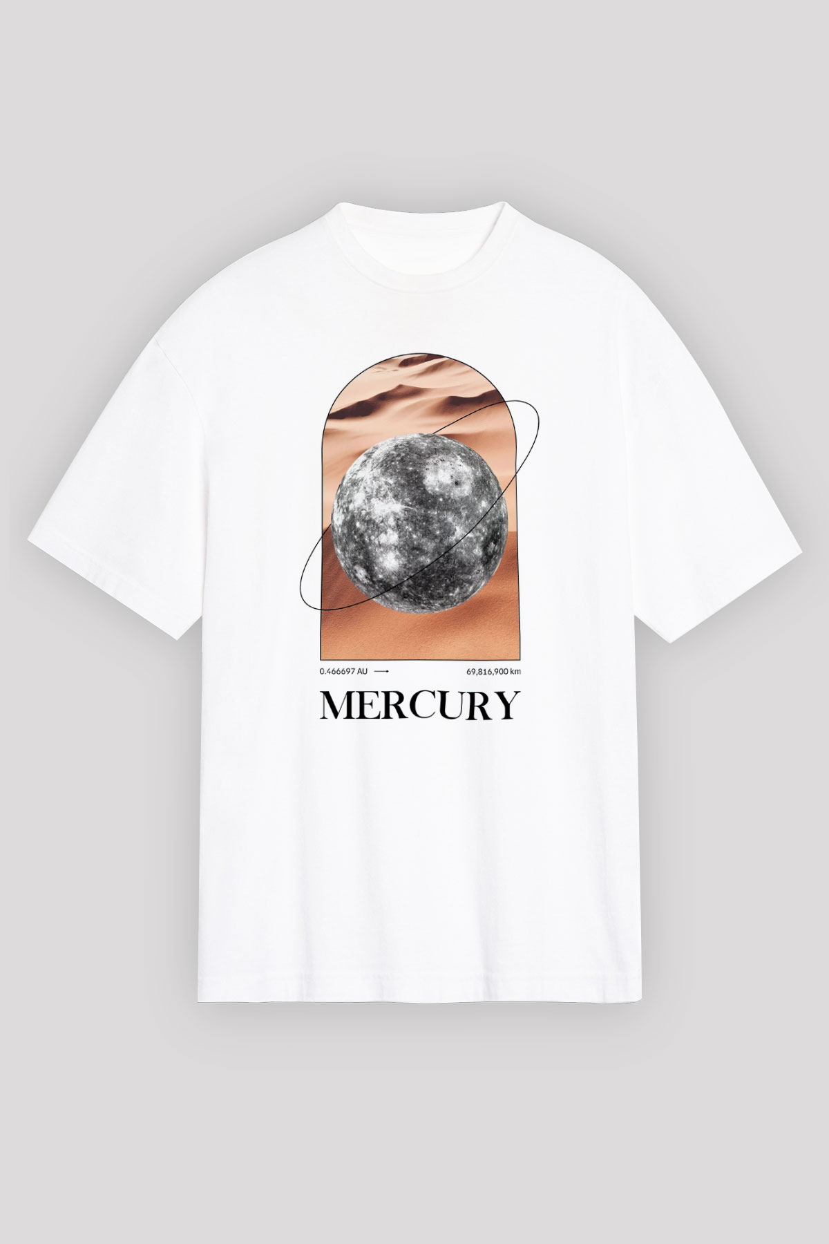 Merkür Gezegeni Baskılı Unisex Oversize Beyaz Tişört - Tshirt