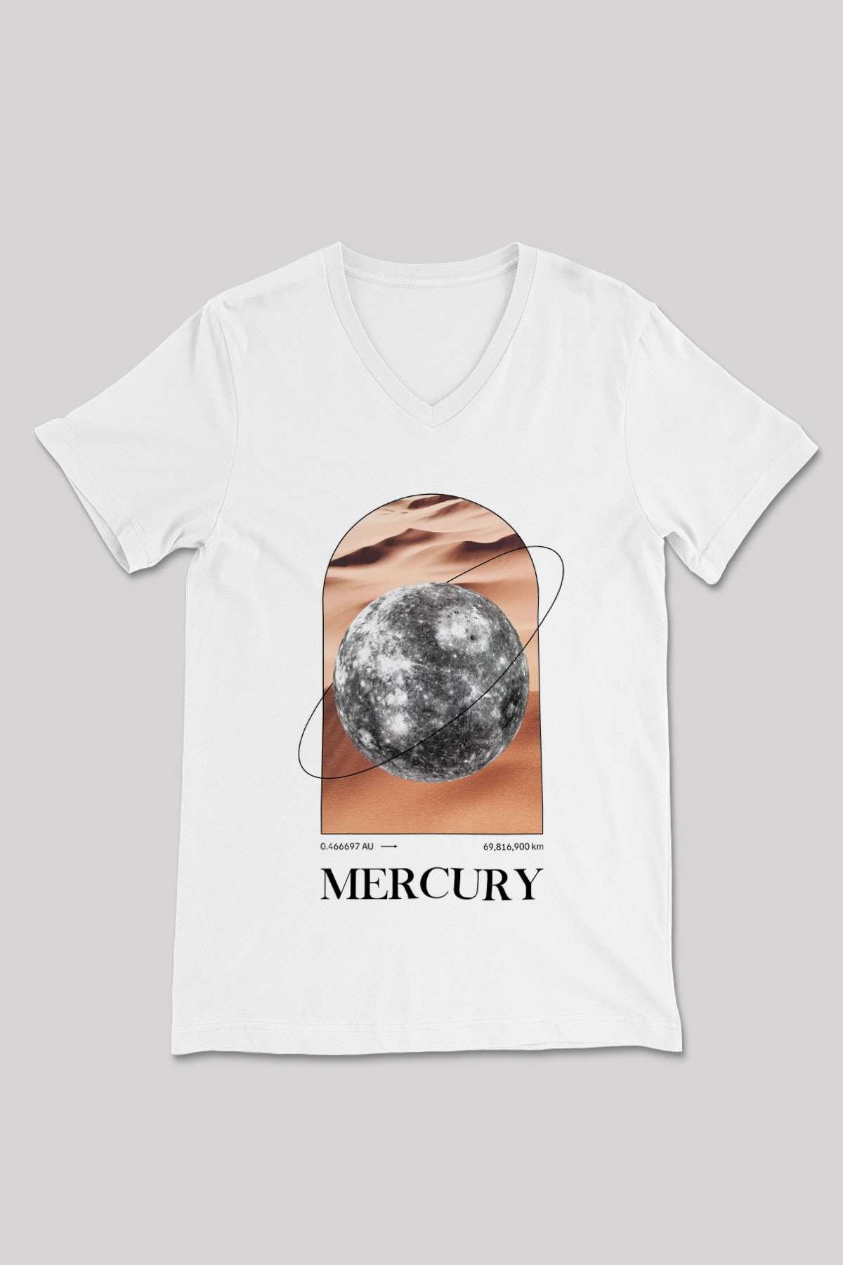Merkür Gezegeni Baskılı Unisex V Yaka Beyaz Tişört - Tshirt