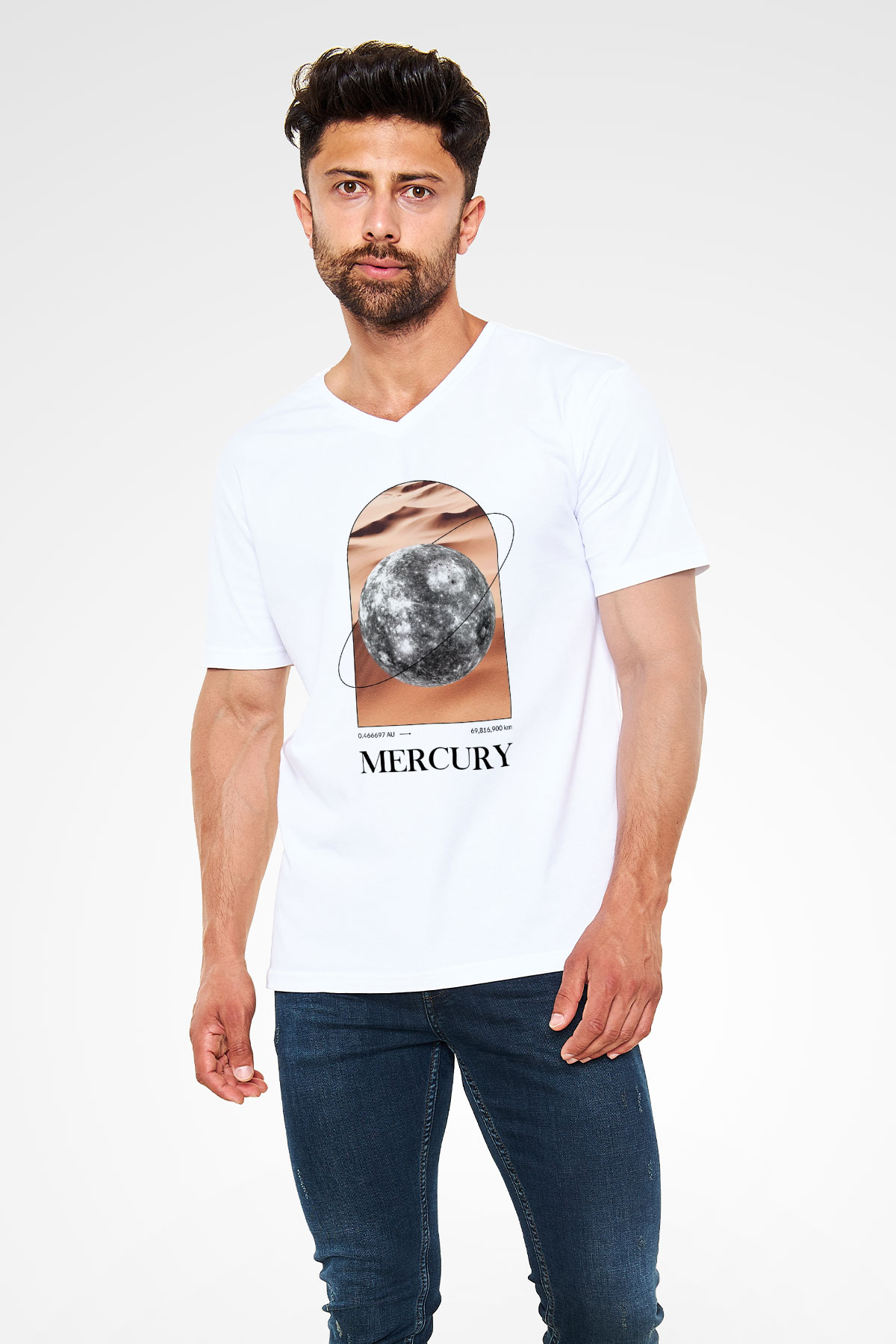 Merkür Gezegeni Baskılı Unisex V Yaka Beyaz Tişört - Tshirt