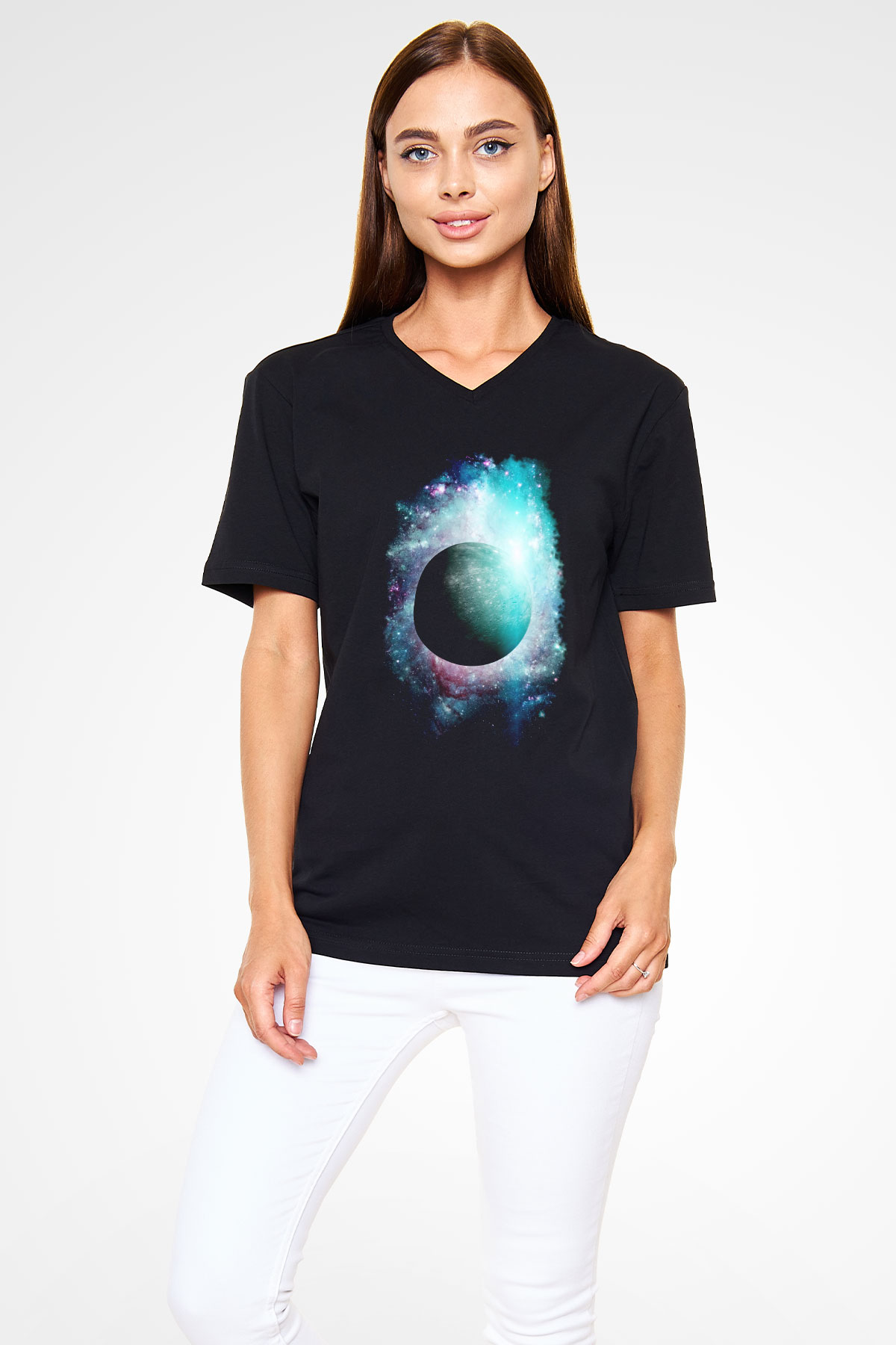Merkür Siyah Unisex V Yaka Tişört T-Shirt