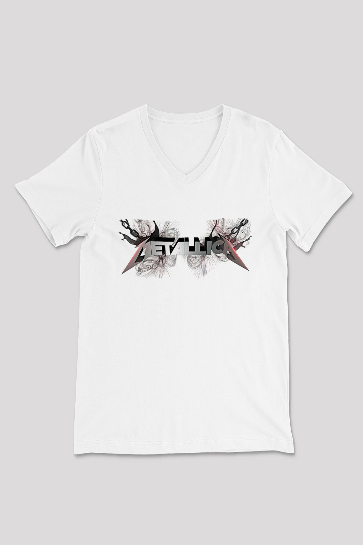Metallica Baskılı Beyaz Unisex V Yaka Tişört - Tshirt