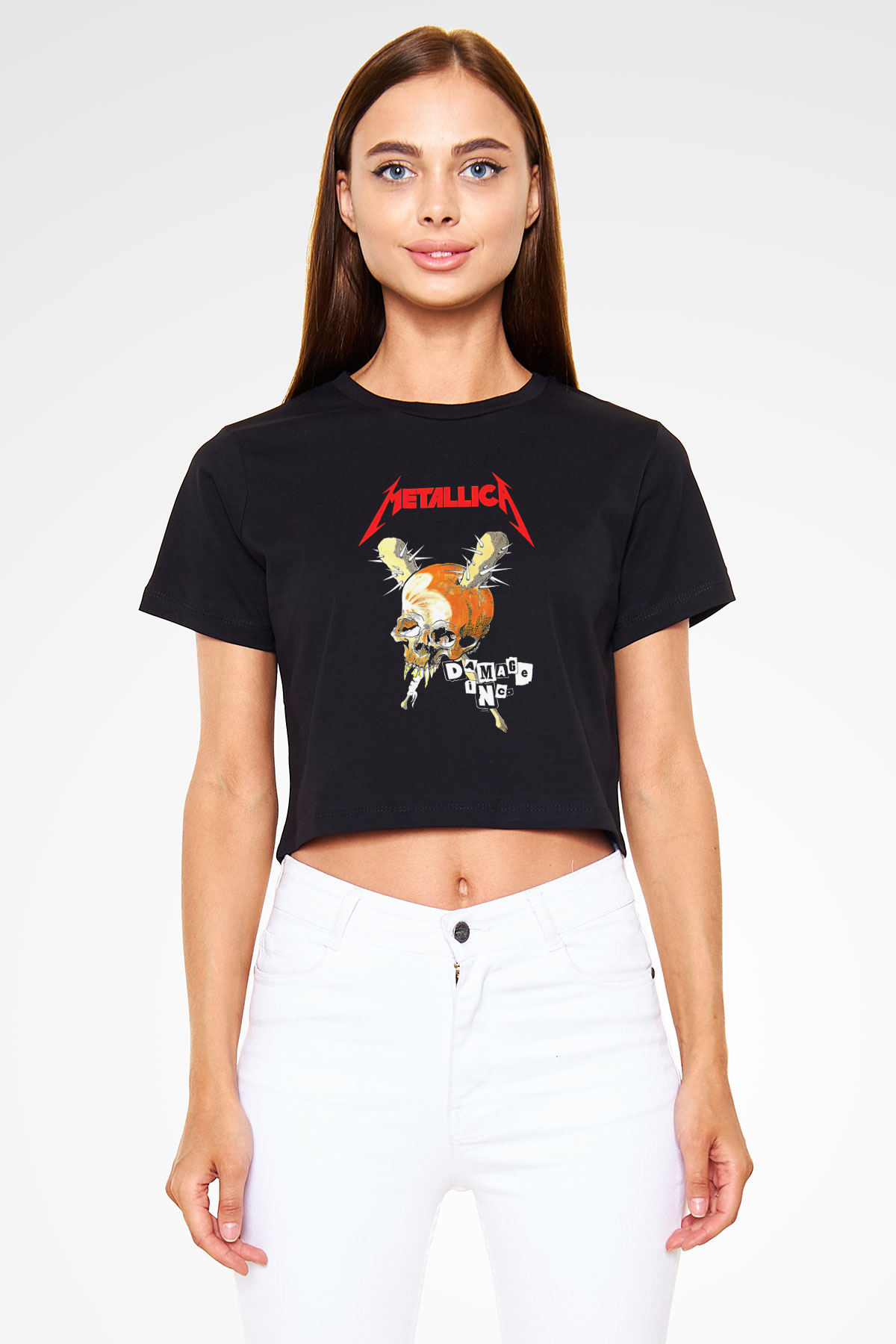 Metallica Baskılı Siyah Crop Top Kadın Tişört - Tshirt