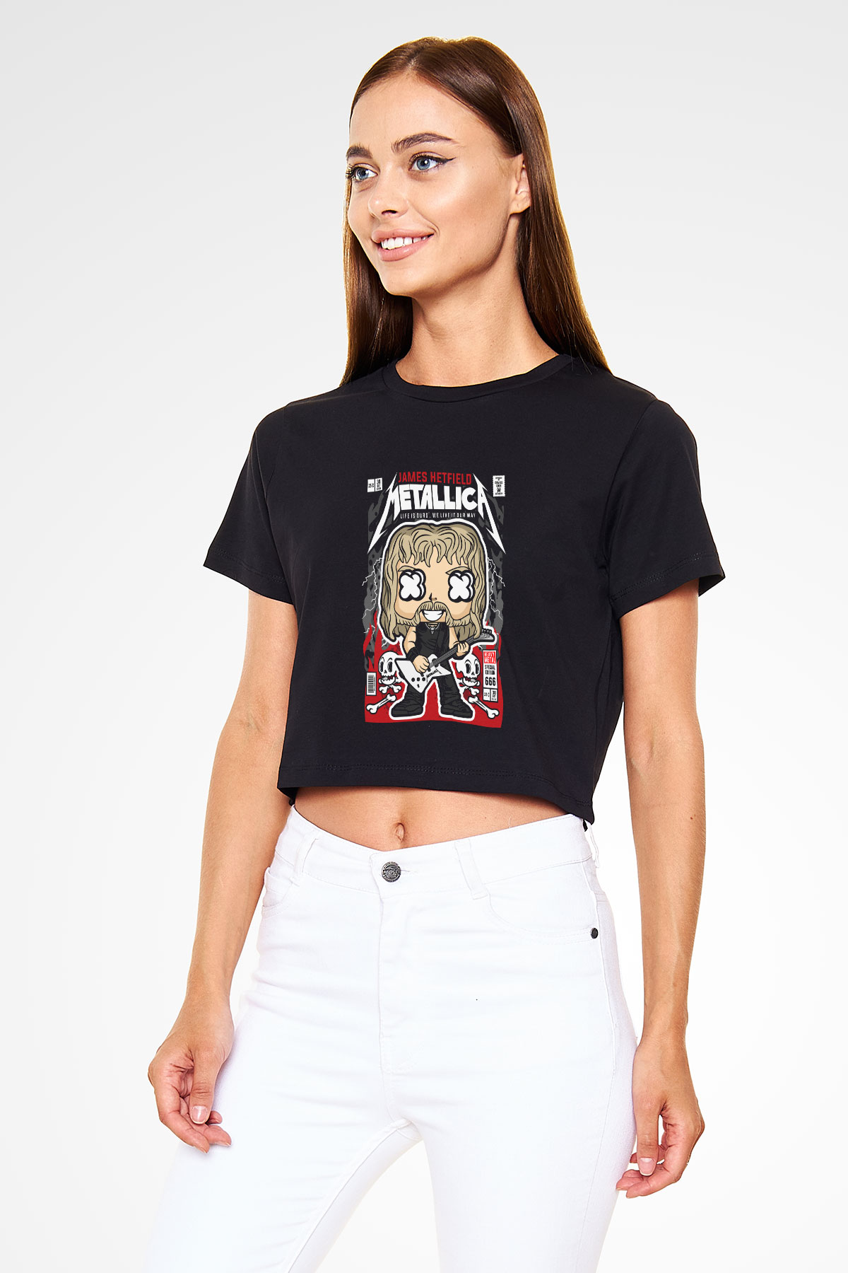 Metallica Baskılı Siyah Kadın Crop Top Tişört