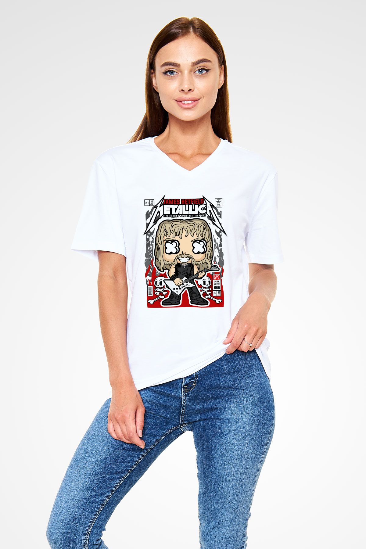 Metallica  Baskılı Unisex Beyaz V Yaka Tişört