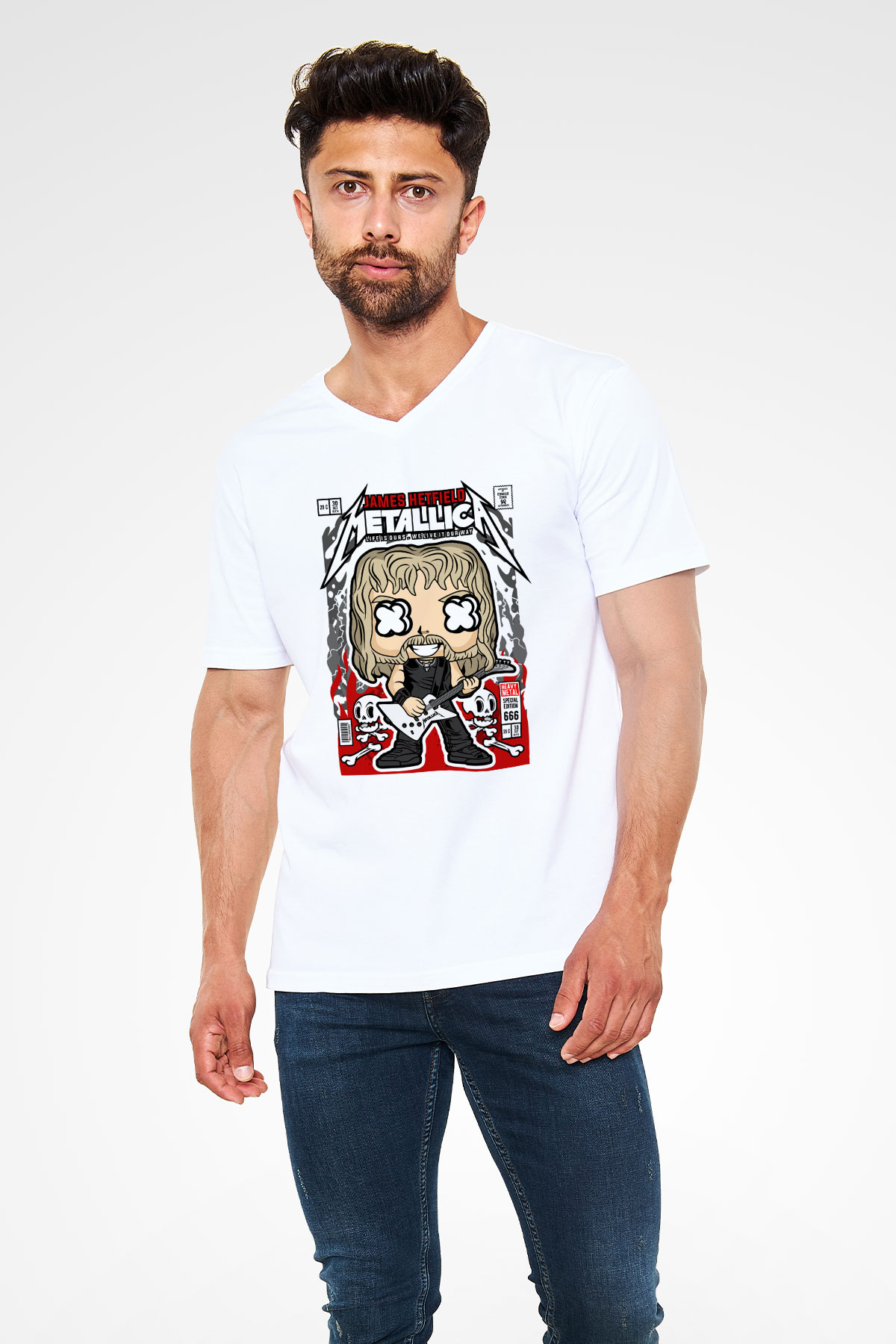 Metallica  Baskılı Unisex Beyaz V Yaka Tişört