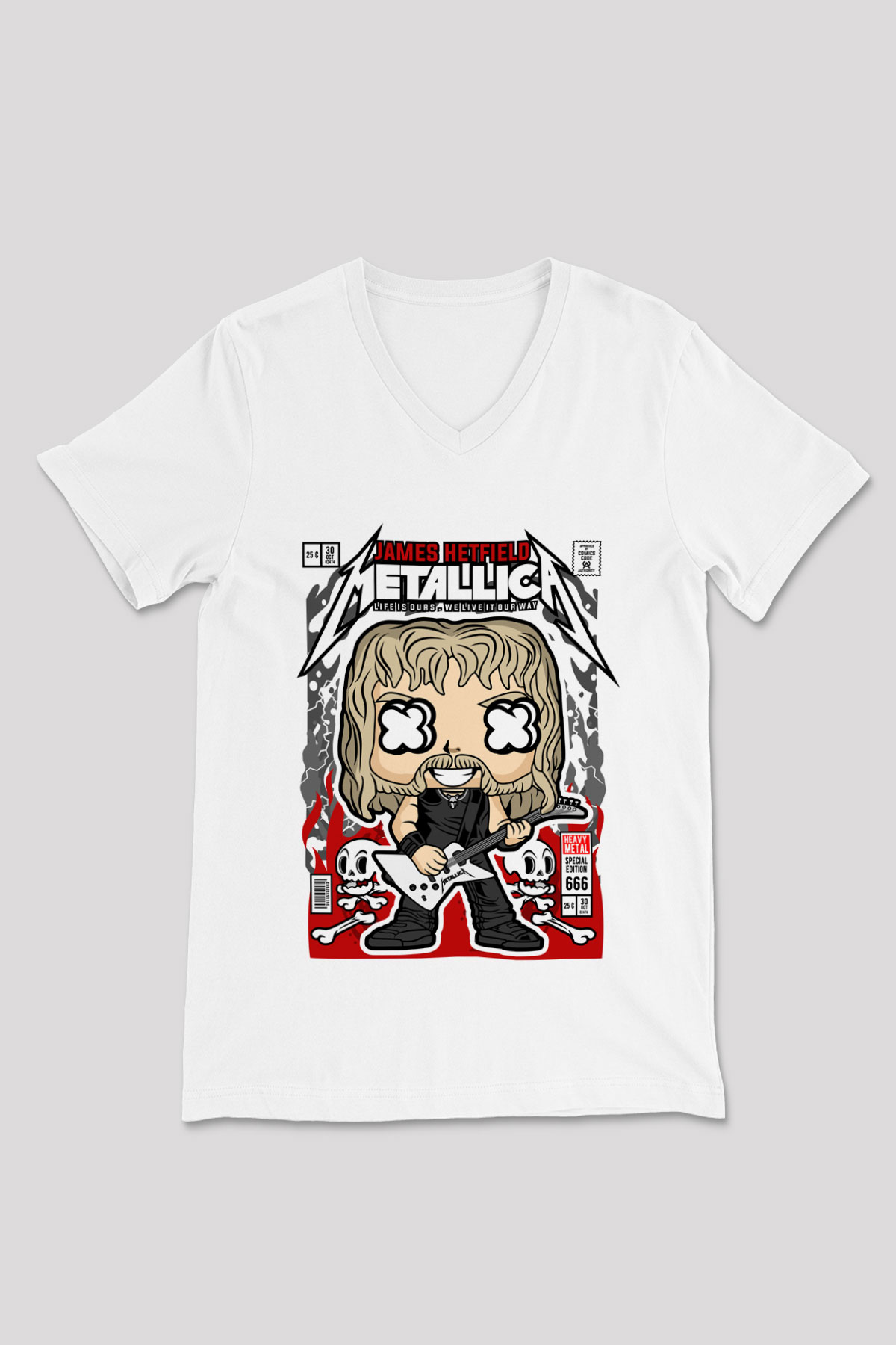 Metallica  Baskılı Unisex Beyaz V Yaka Tişört