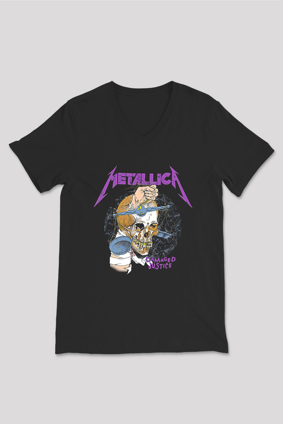 Metallica Baskılı Unisex Siyah V Yaka Tişört - Tshirt