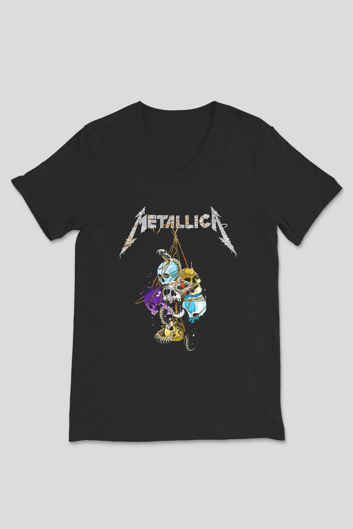 Metallica Baskılı Unisex Siyah V Yaka Tişört - Tshirt