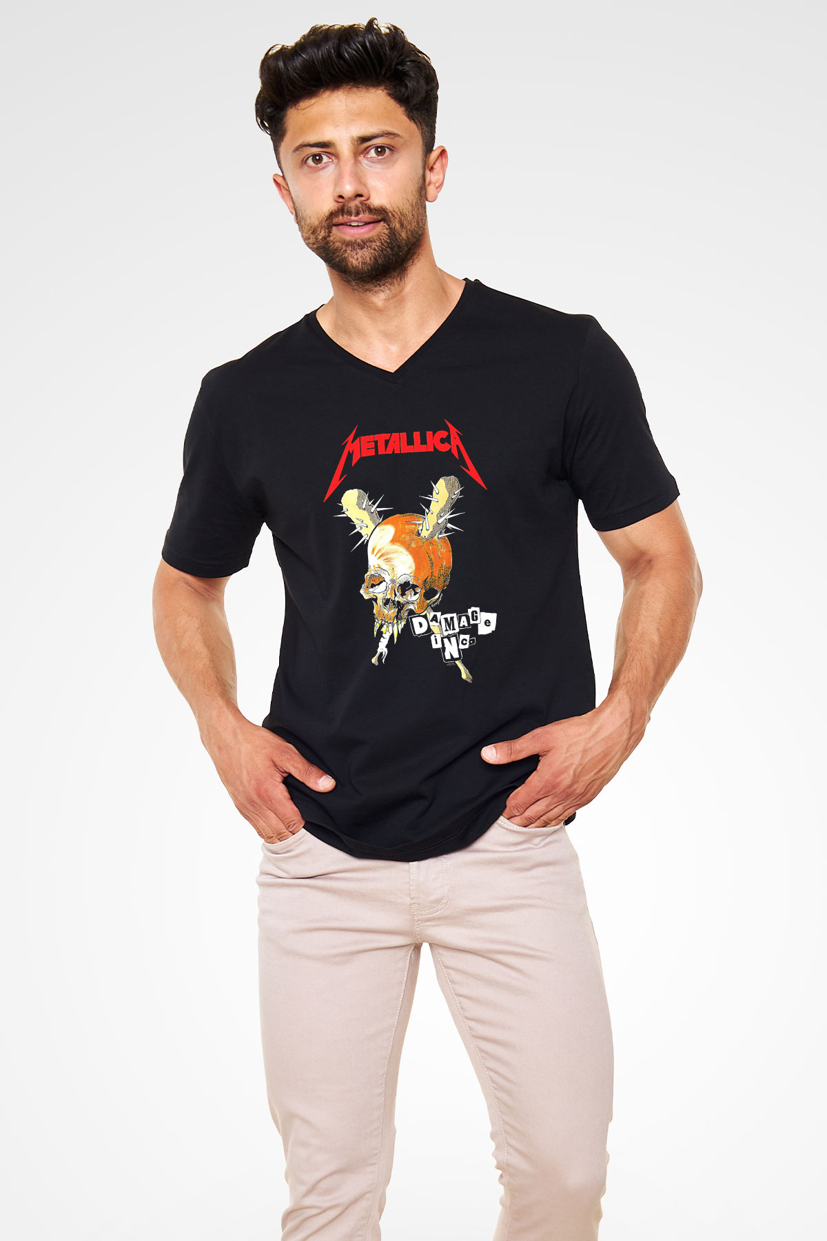 Metallica Baskılı Unisex Siyah V Yaka Tişört - Tshirt