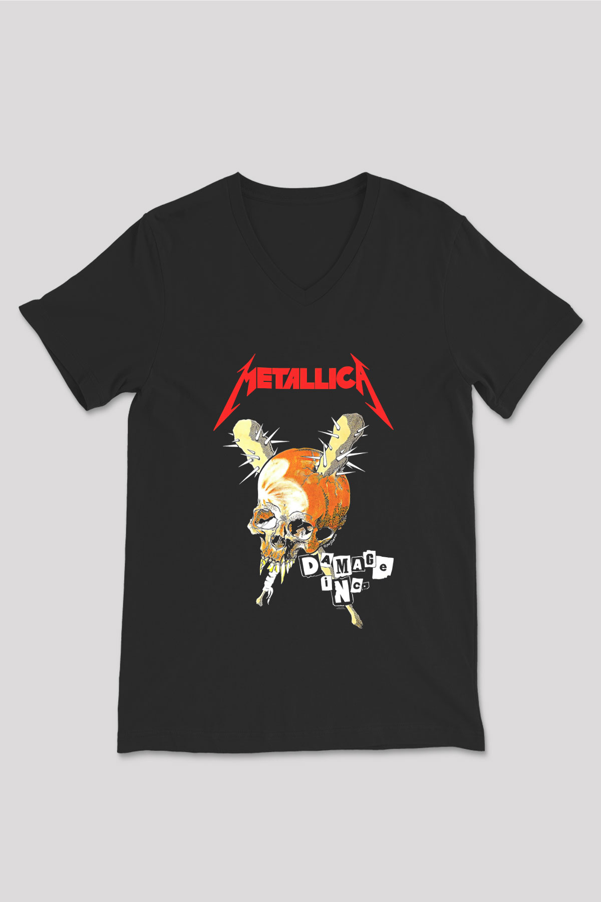 Metallica Baskılı Unisex Siyah V Yaka Tişört - Tshirt