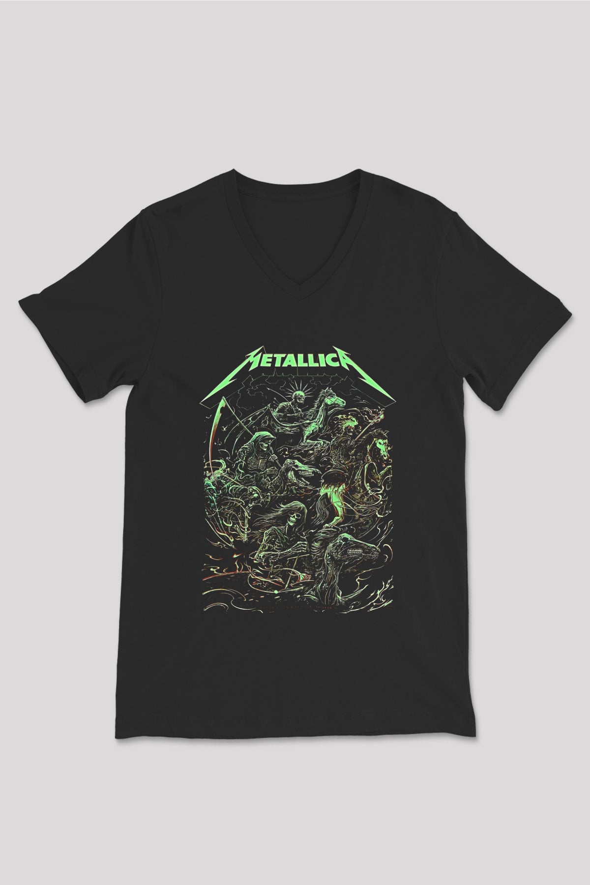 Metallica Baskılı Unisex Siyah V Yaka Tişört - Tshirt