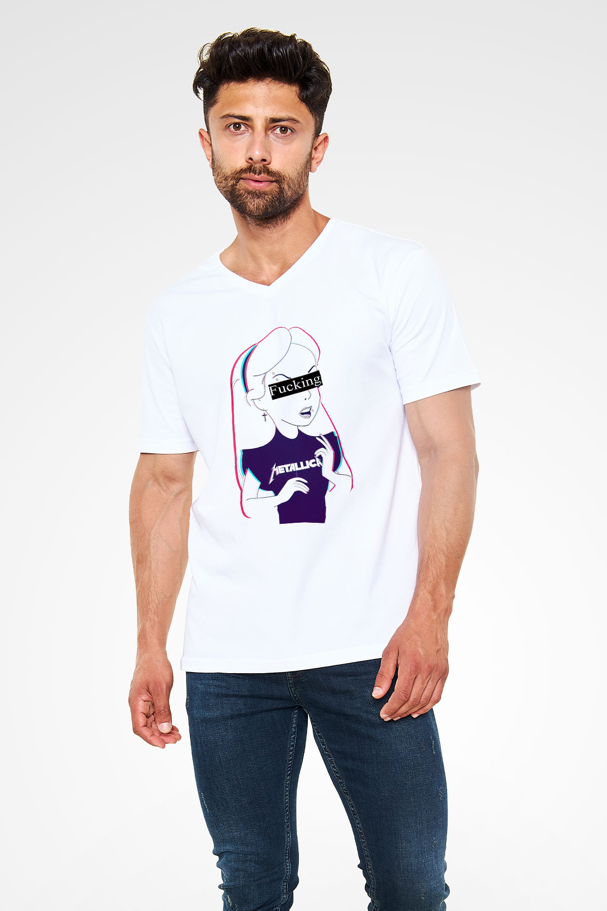 Metallica Beyaz Unisex V Yaka Tişört T-Shirt