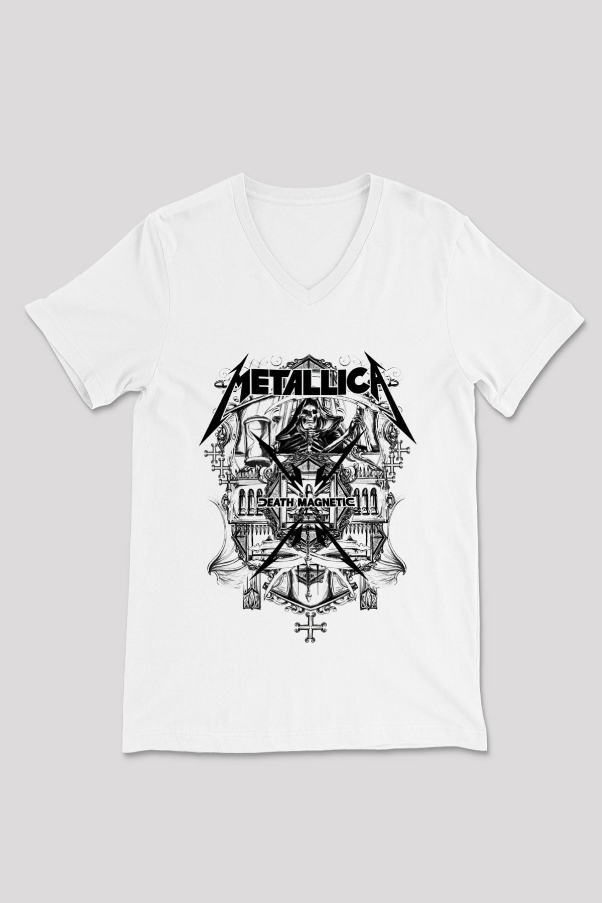 Metallica Beyaz Unisex V Yaka Tişört T-Shirt