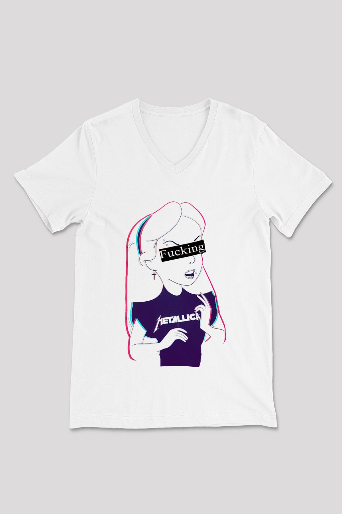 Metallica Beyaz Unisex V Yaka Tişört T-Shirt