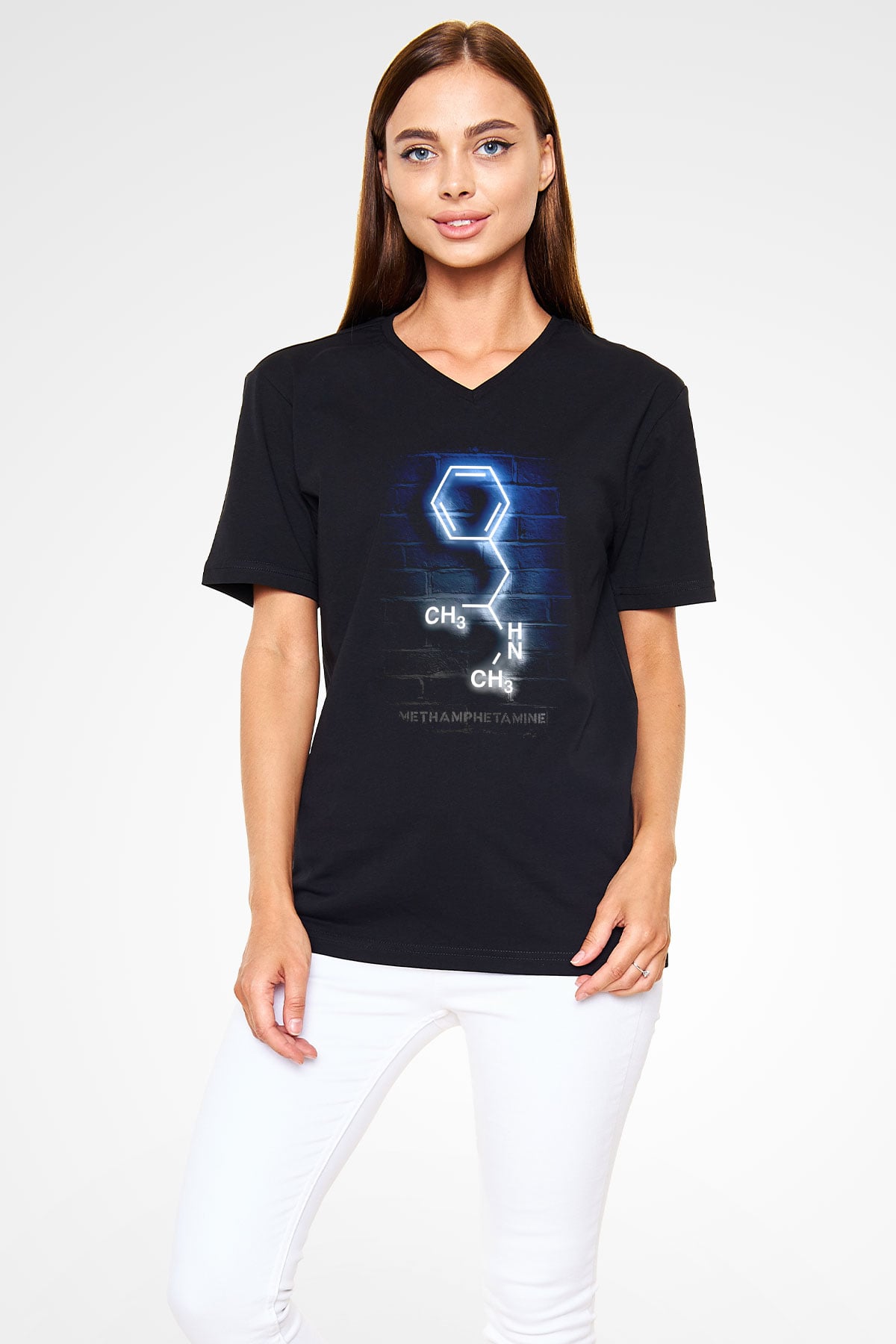 Metamfetamin Molekül Neon Baskılı Unisex V Yaka Siyah Tİşört - Tshirt
