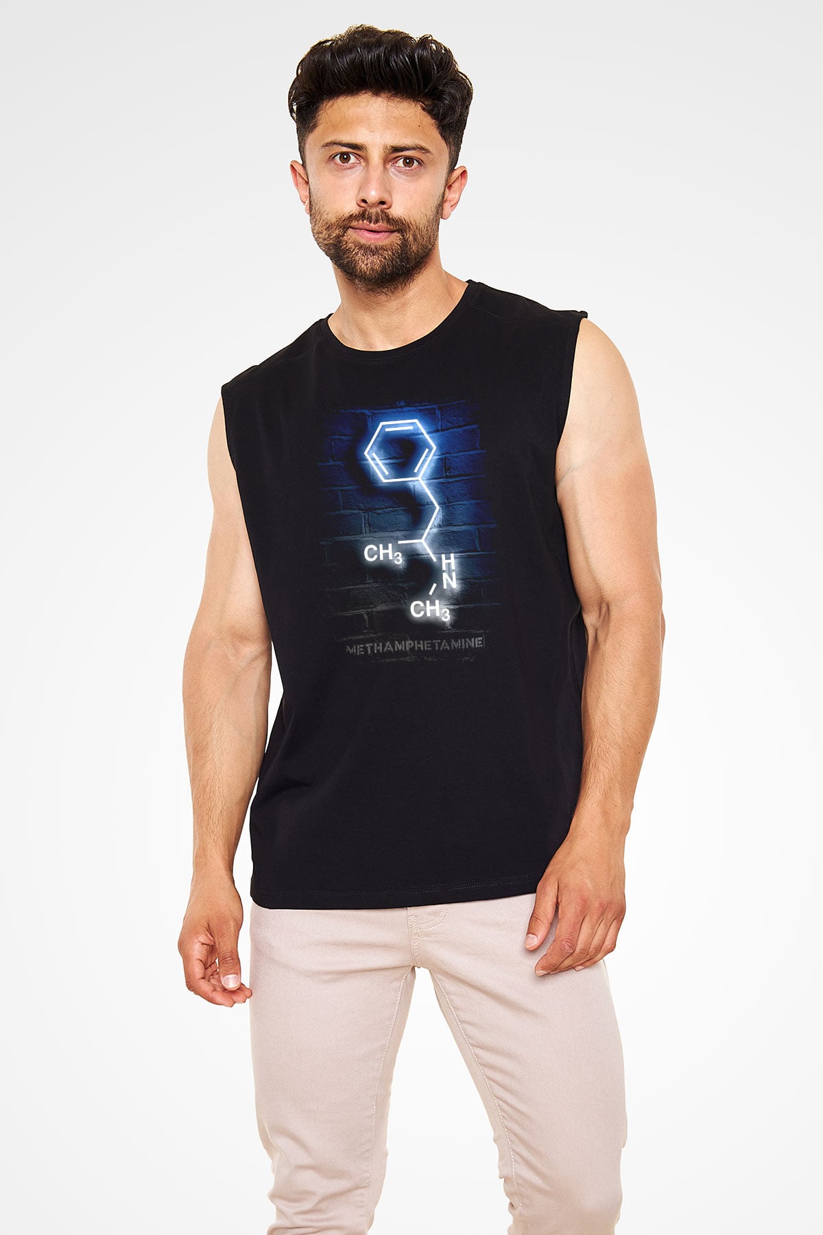 Metamfetamin Molekül Neon Baskılı Unisex Kolsuz Siyah Tişört - Tshirt