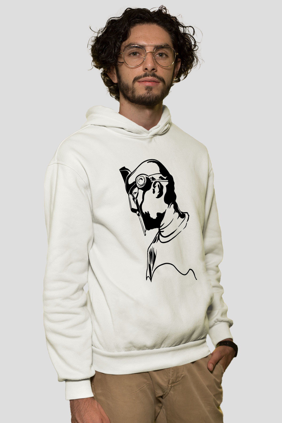 Mf Doom Baskılı Beyaz Unisex Kapüşonlu Sweatshirt
