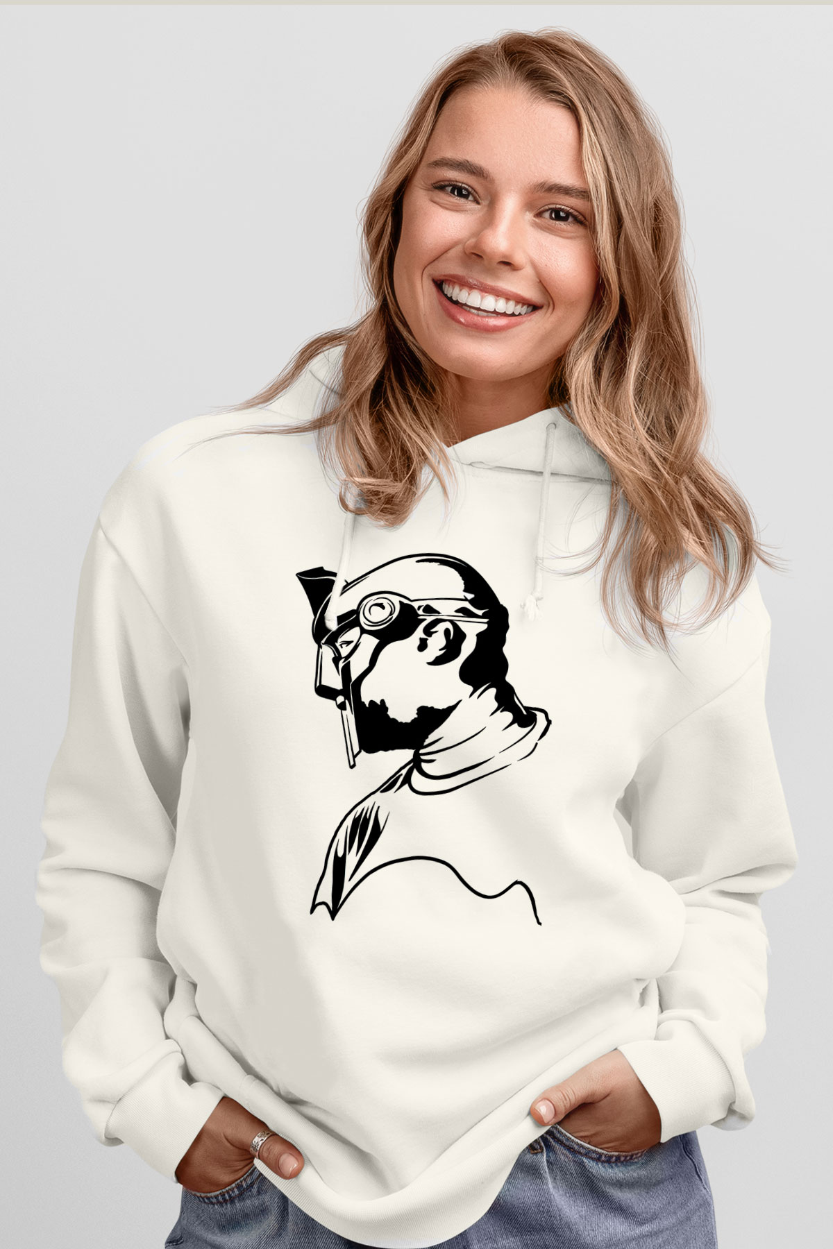 Mf Doom Baskılı Beyaz Unisex Kapüşonlu Sweatshirt