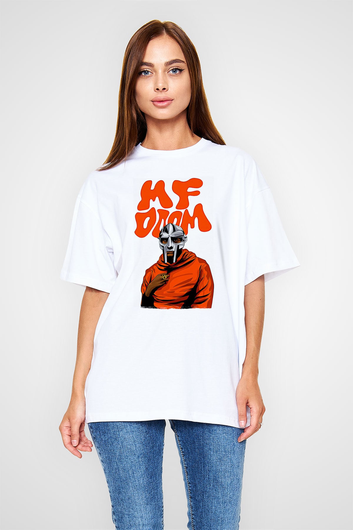 Mf Doom Baskılı Beyaz Unisex Oversize Tişört - Tshirt