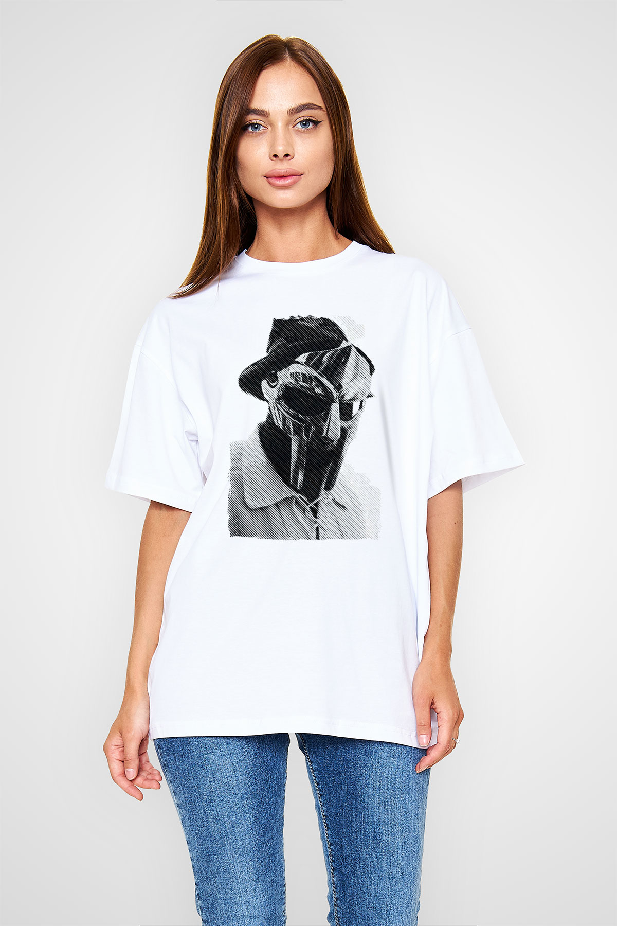 Mf Doom Baskılı Beyaz Unisex Oversize Tişört - Tshirt