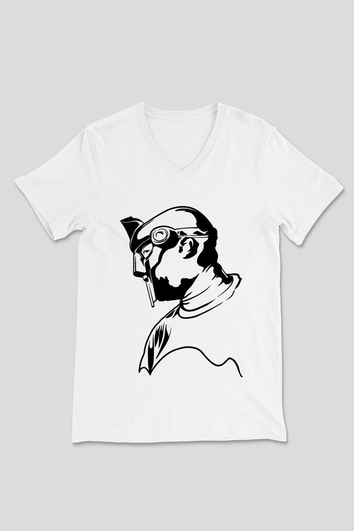 Mf Doom Baskılı Beyaz Unisex V Yaka Tişört - Tshirt