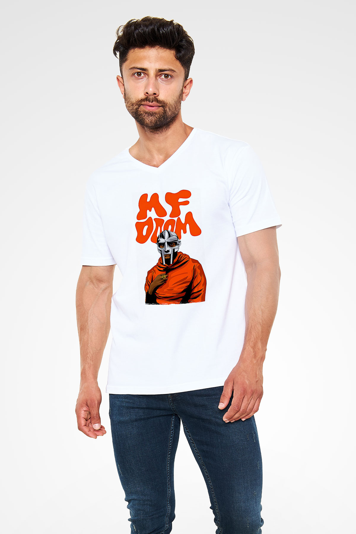 Mf Doom Baskılı Beyaz Unisex V Yaka Tişört - Tshirt