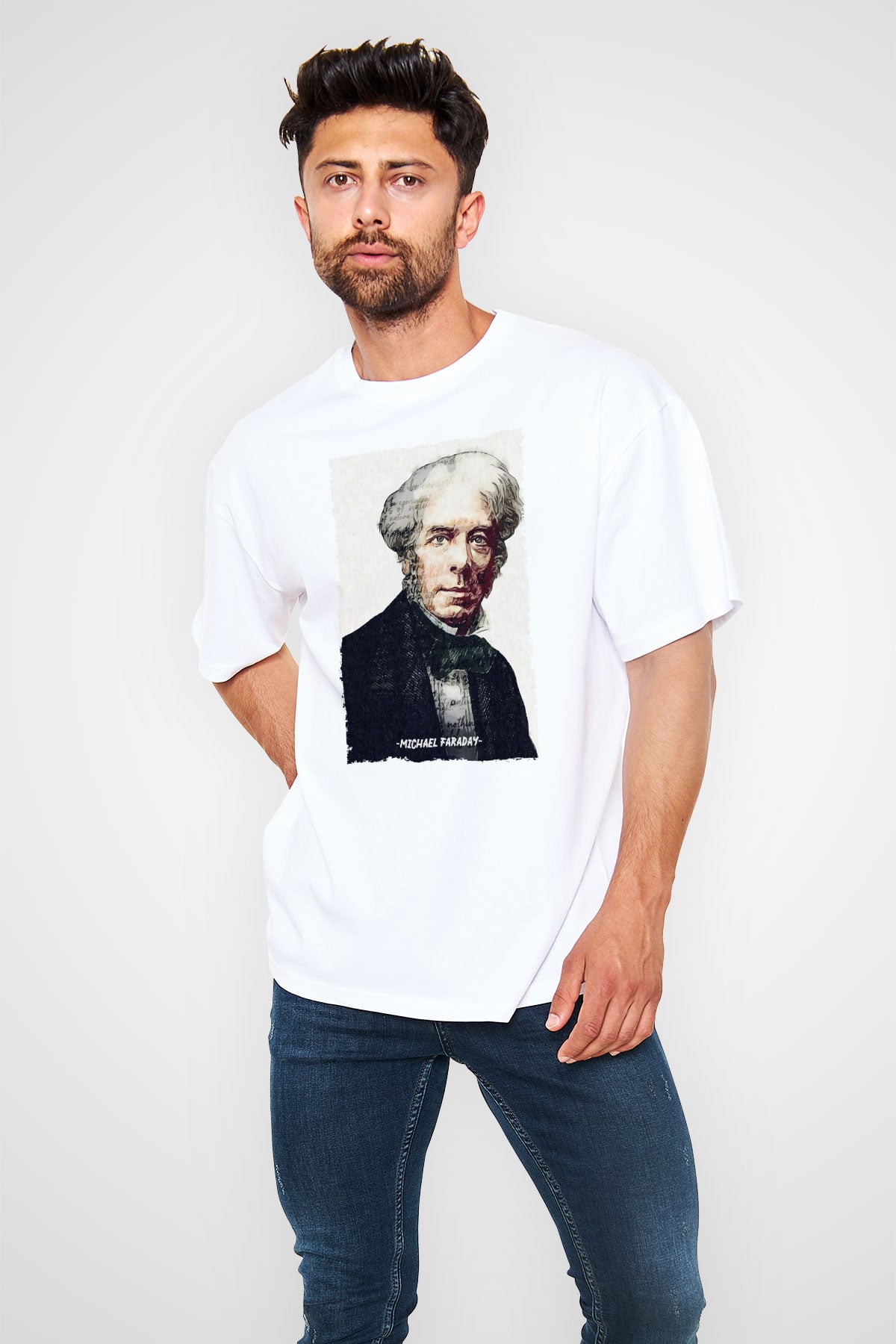 Michael Faraday Yazılı Portre Baskılı Unisex Oversize Beyaz Tişört - Tshirt