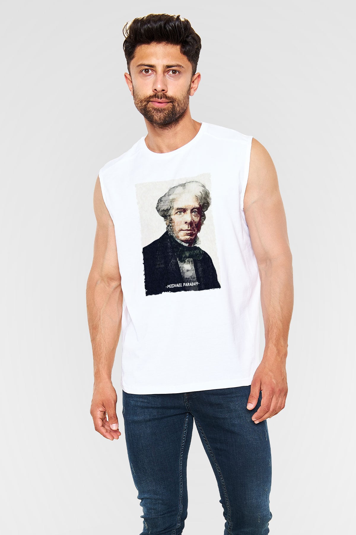 Michael Faraday Yazılı Portre Baskılı Unisex Kolsuz Beyaz Tişört - Tshirt