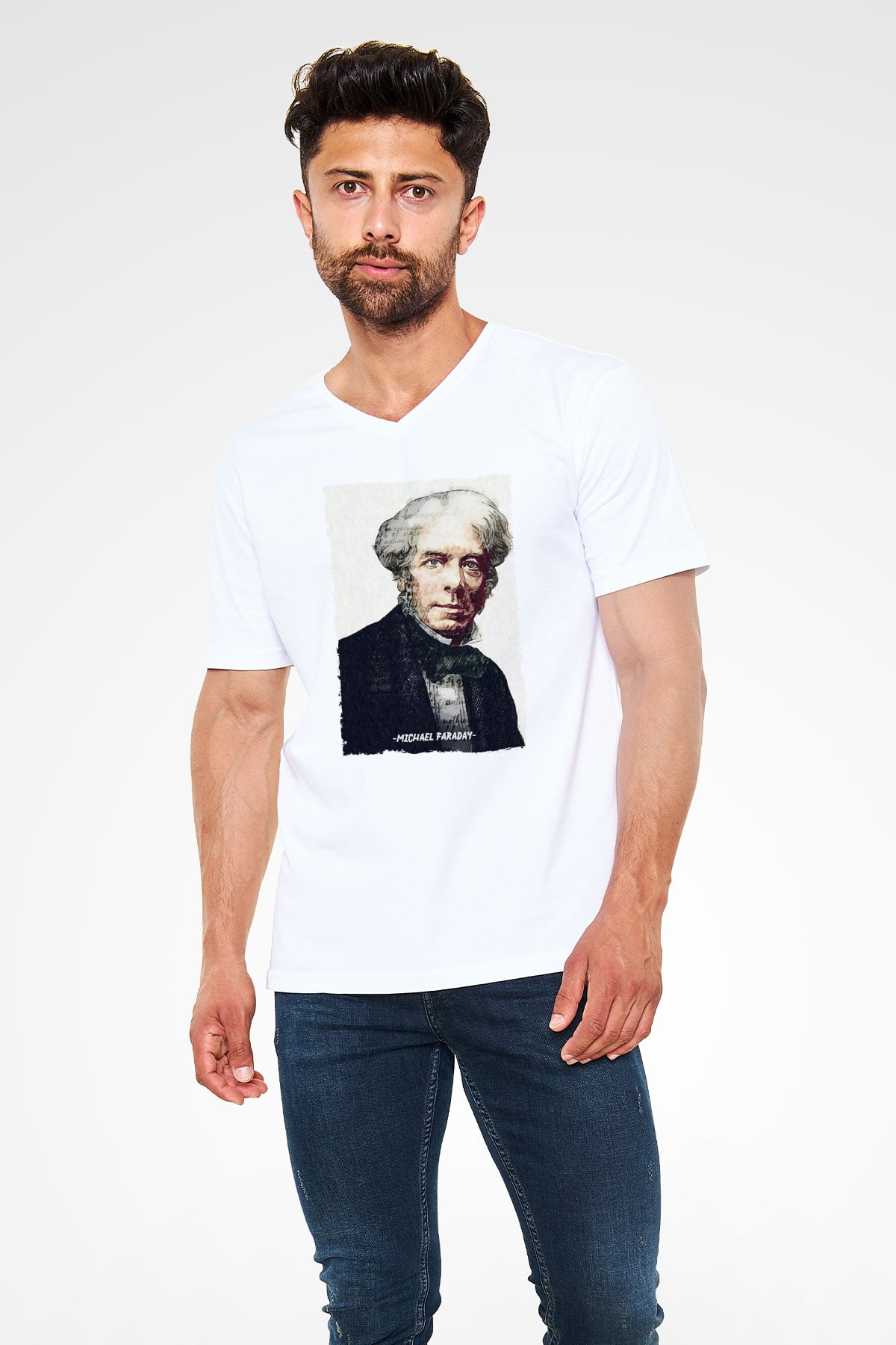 Michael Faraday Yazılı Portre Baskılı Unisex V Yaka Beyaz Tişört - Tshirt