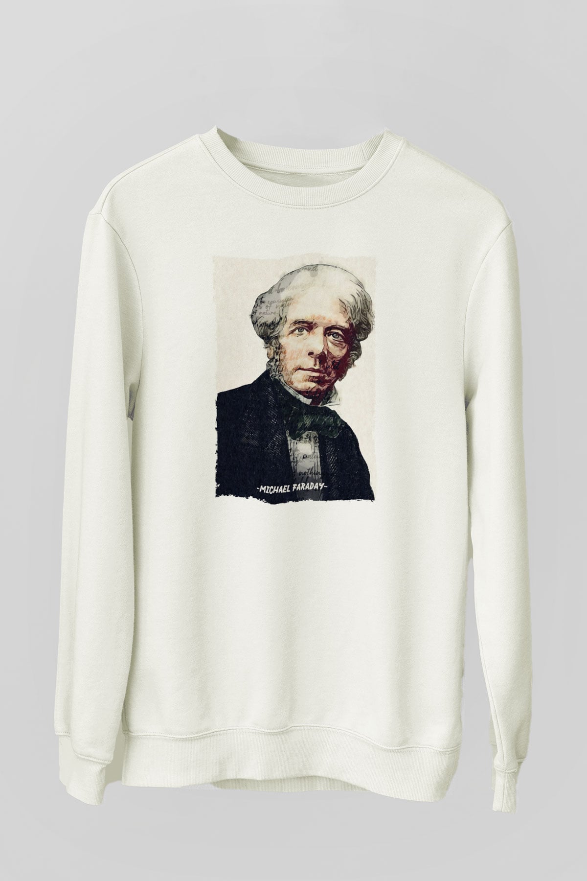 Michael Faraday Yazılı Portre Baskılı Unisex Ekru Sweatshirt