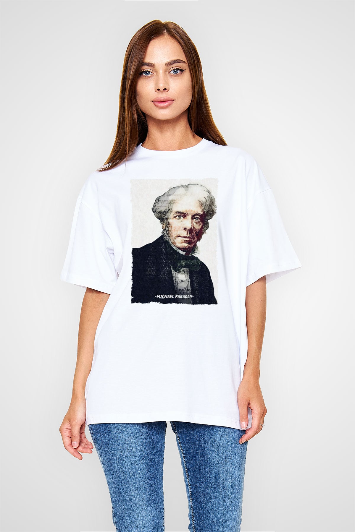 Michael Faraday Yazılı Portre Baskılı Unisex Oversize Beyaz Tişört - Tshirt