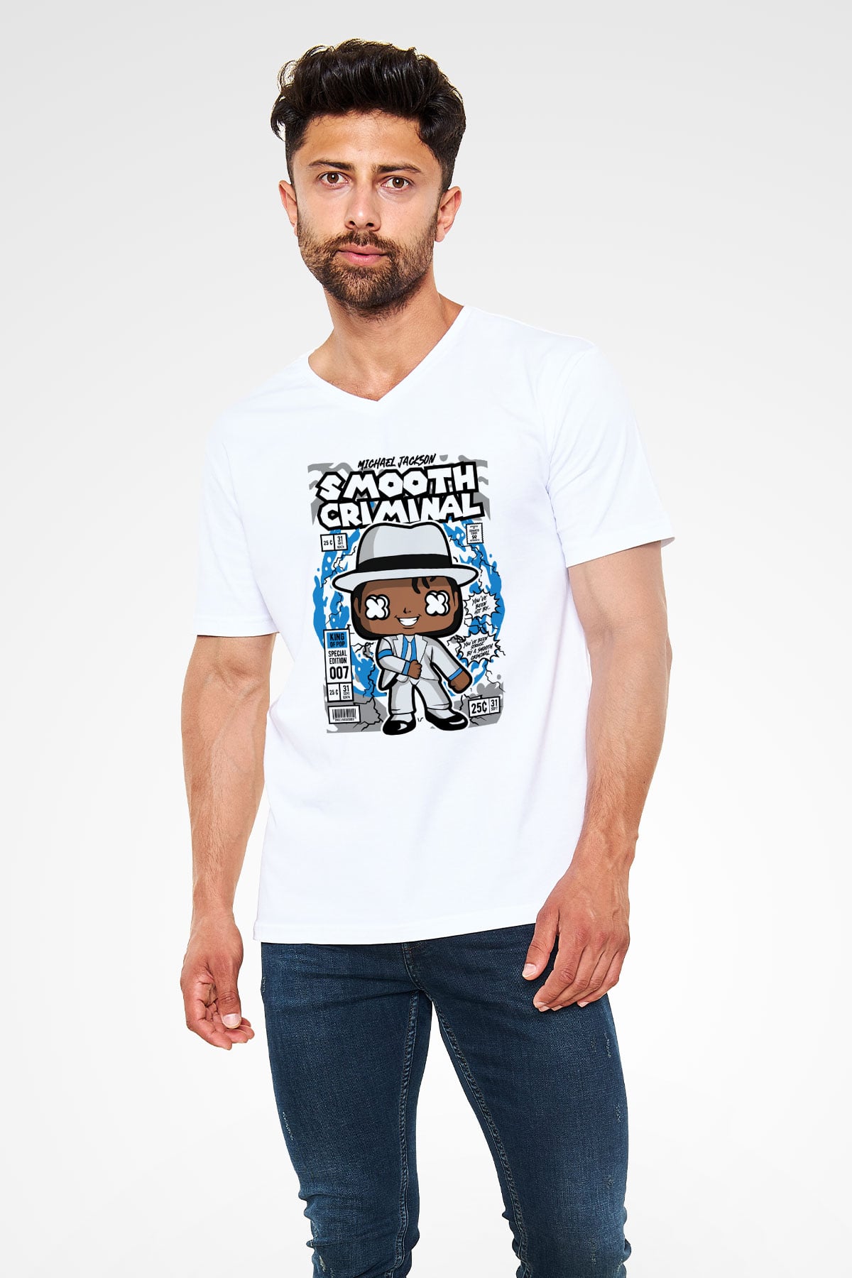 Michael Jackson Smooth Criminal Baskılı Unisex Beyaz V Yaka Tişört