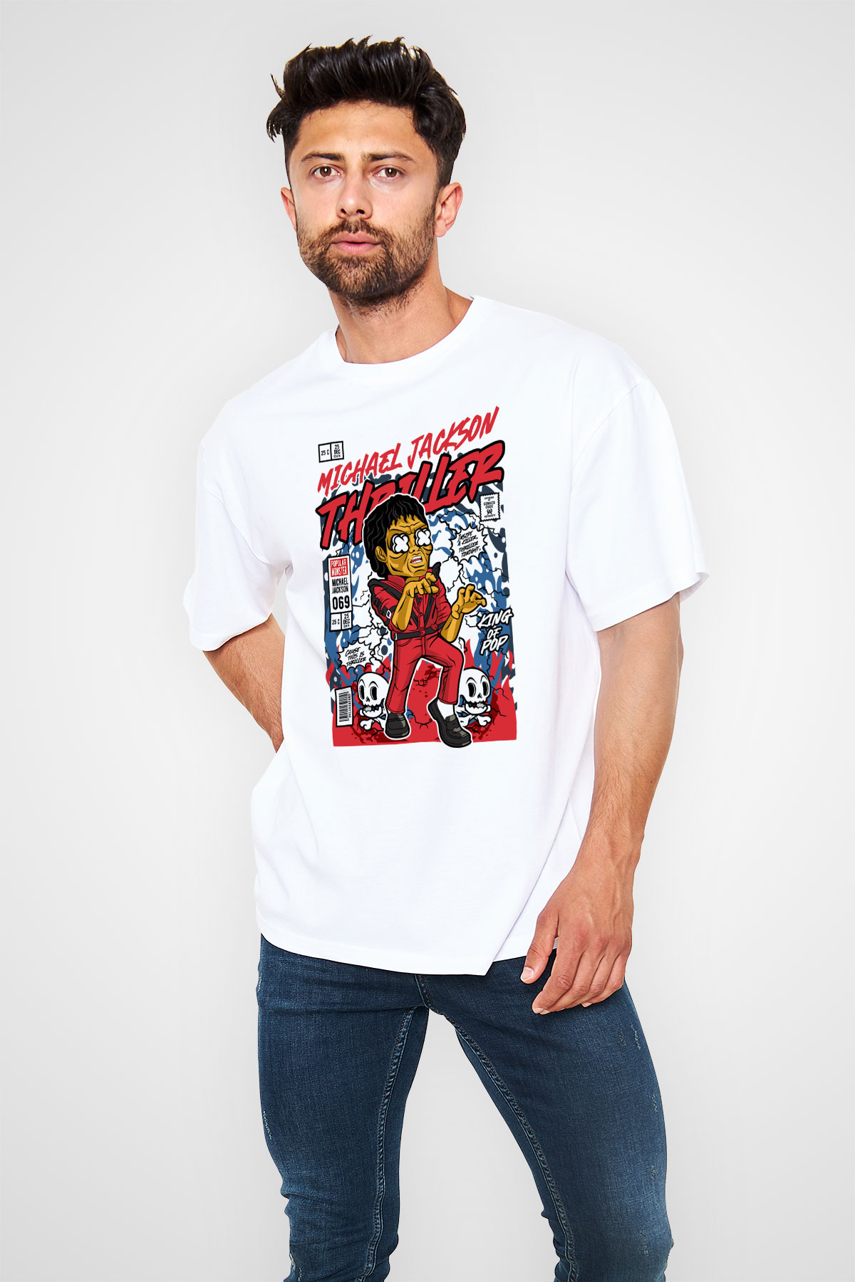 Michael Jackson Thriller Baskılı Unisex Beyaz Oversize Tişört