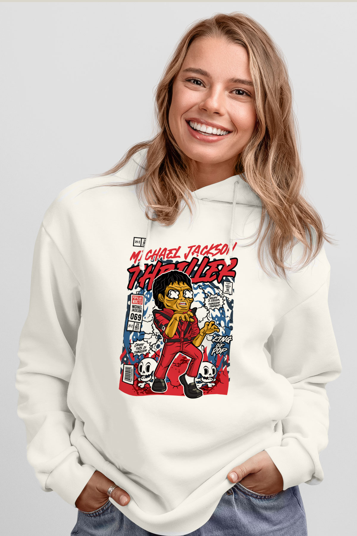 Michael Jackson Thriller Baskılı Unisex Beyaz Hoodie