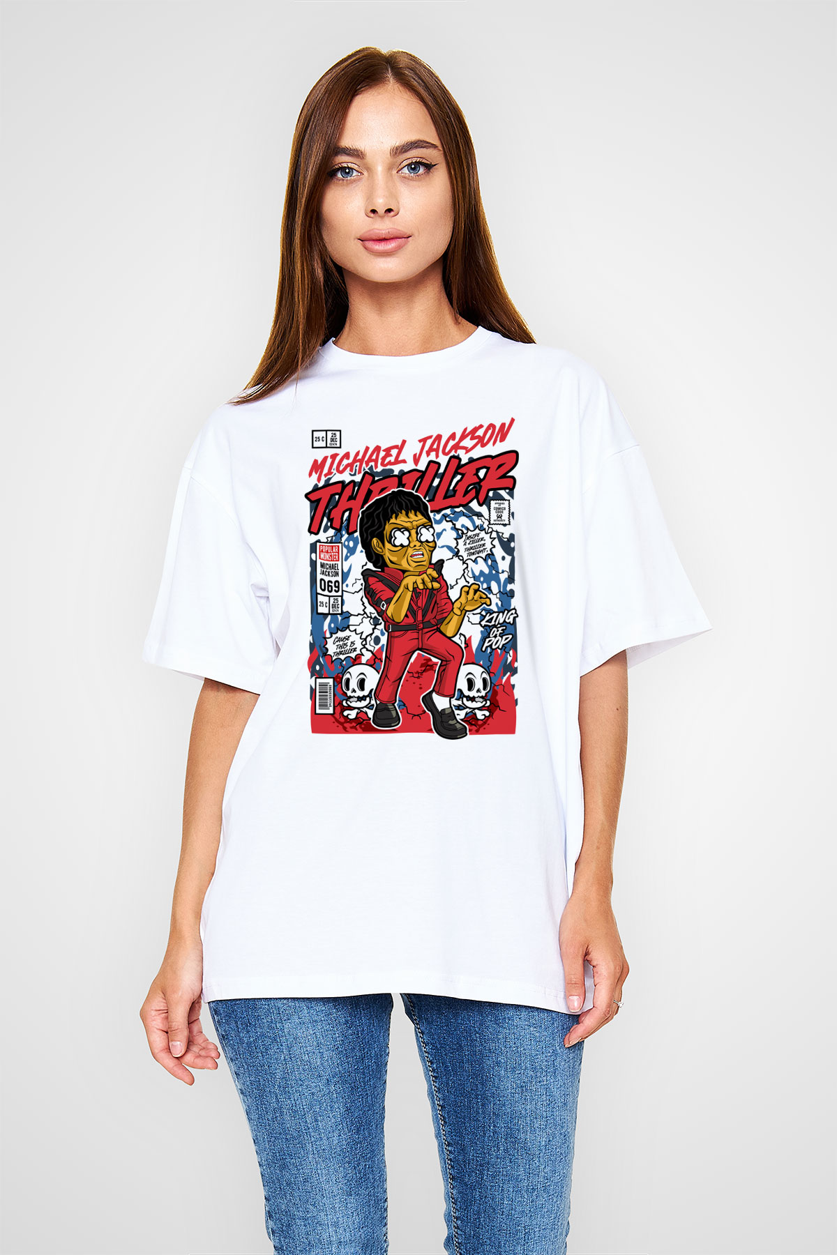 Michael Jackson Thriller Baskılı Unisex Beyaz Oversize Tişört