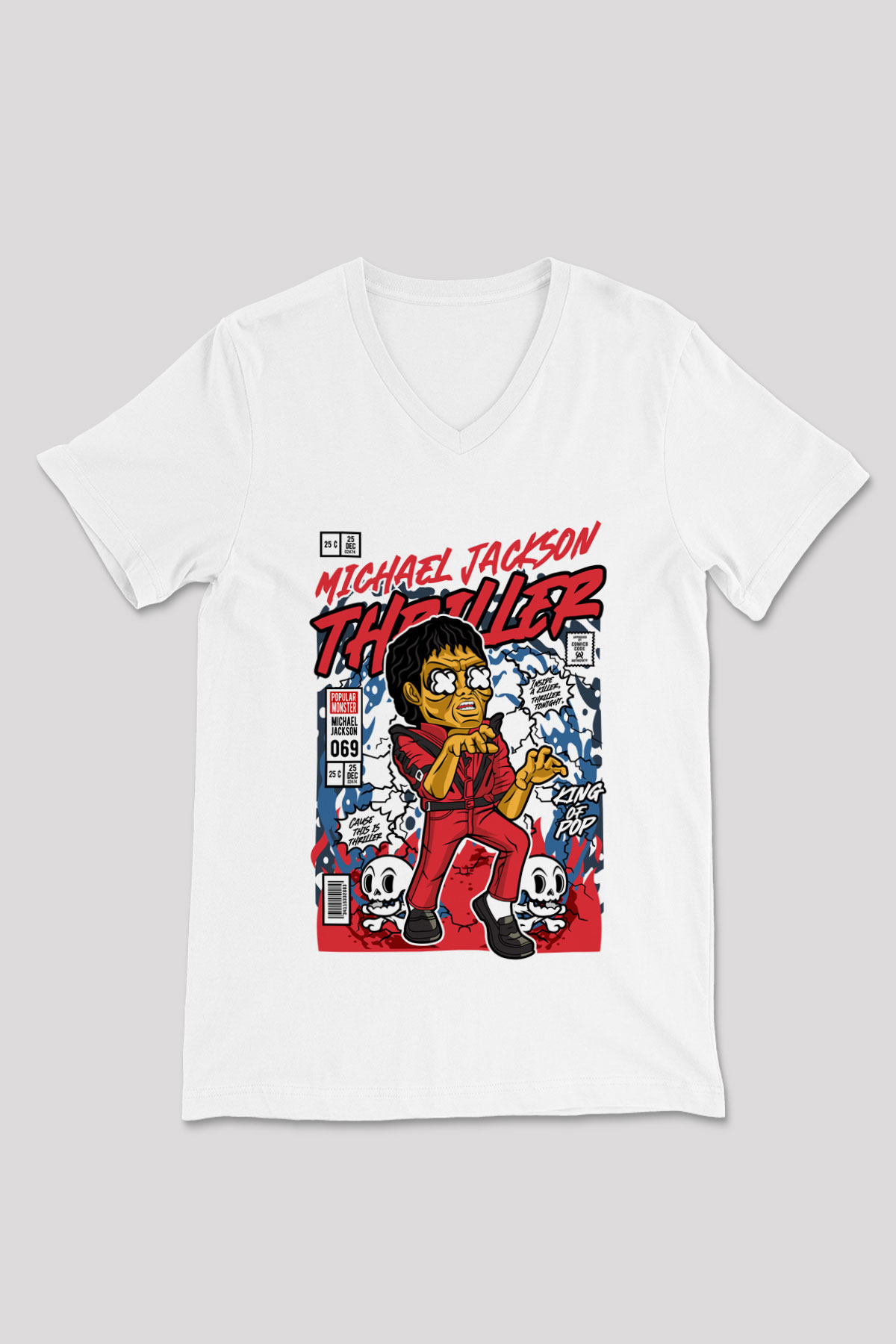 Michael Jackson Thriller Baskılı Unisex Beyaz V Yaka Tişört