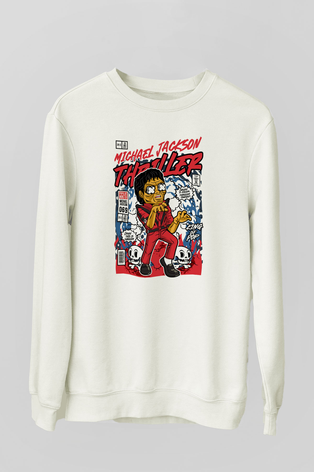 Michael Jackson Thriller Baskılı Unisex Beyaz Sweatshirt