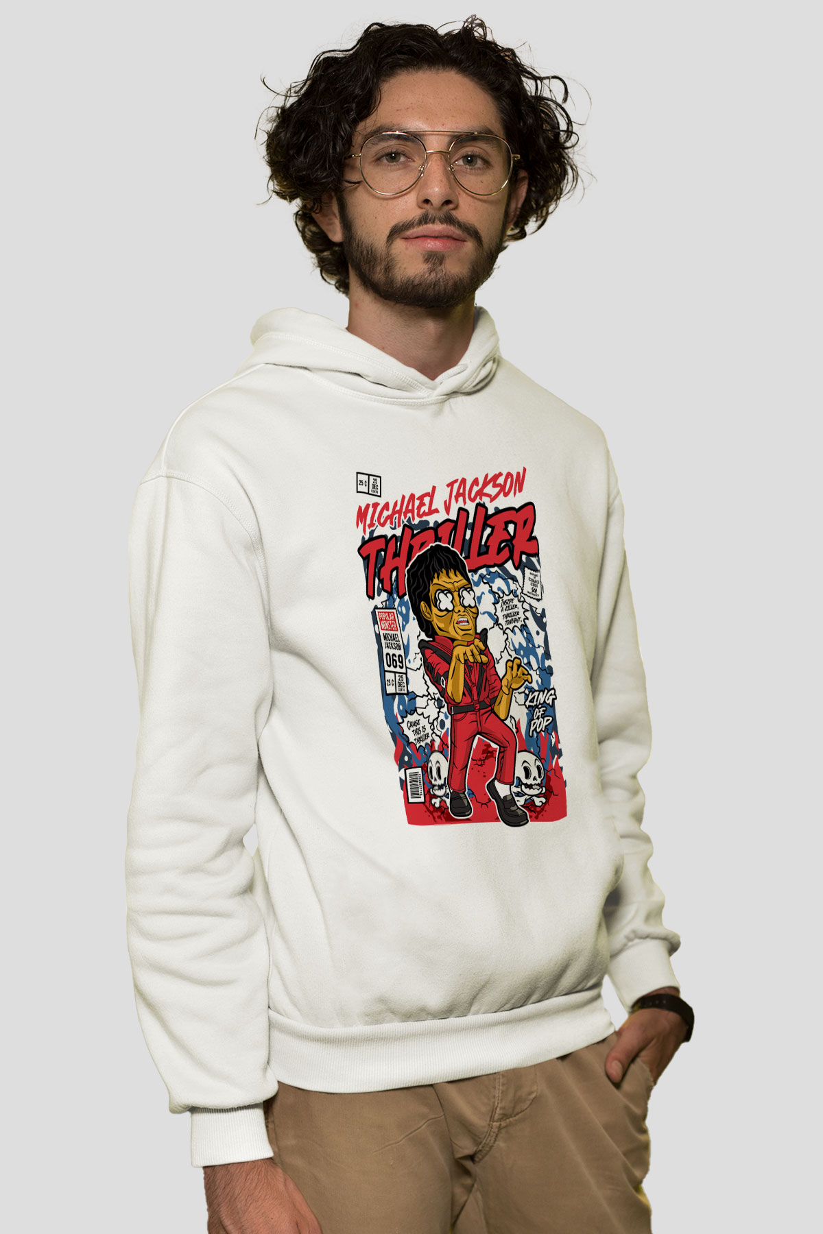 Michael Jackson Thriller Baskılı Unisex Beyaz Hoodie