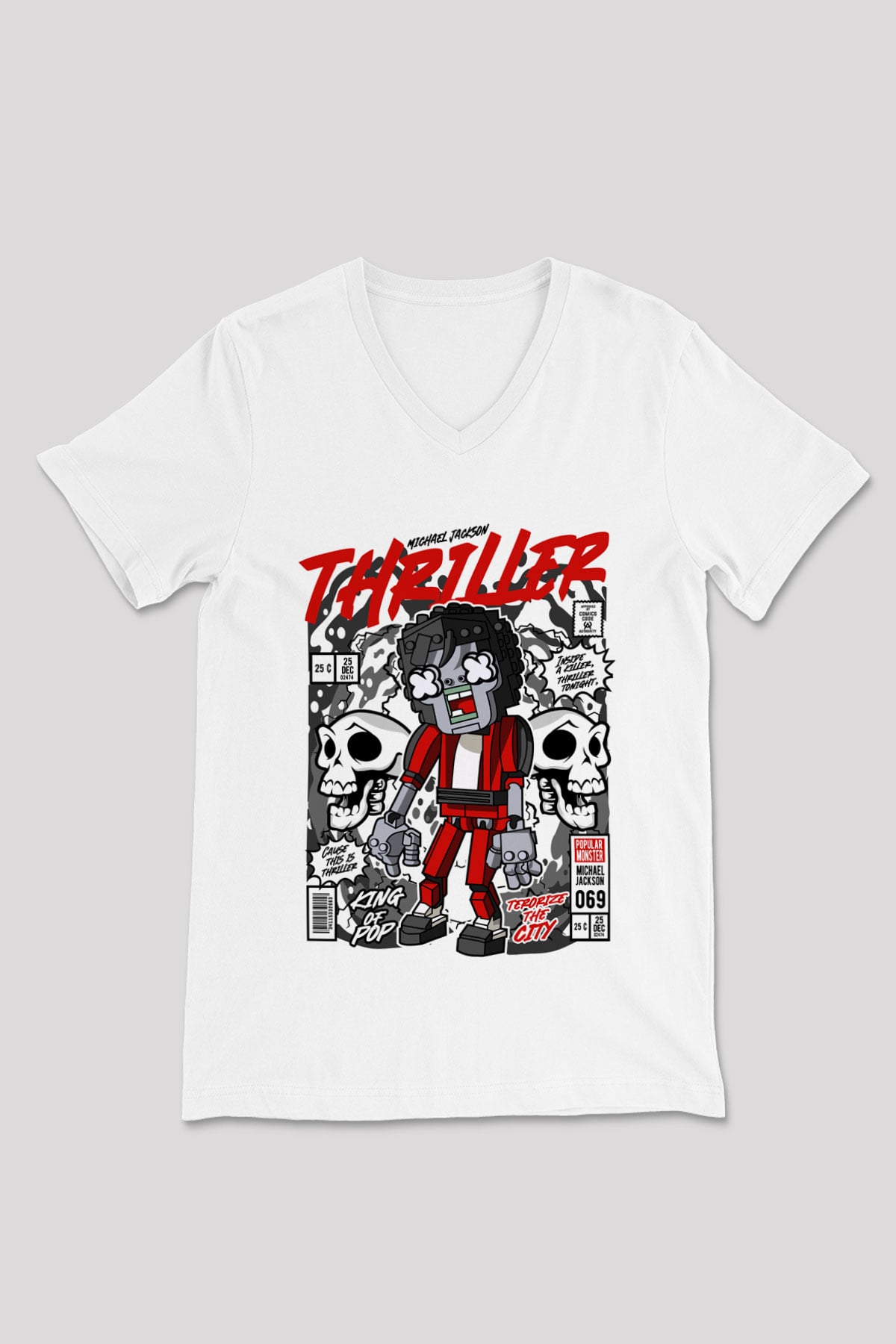 Michael Jakson Zombie Baskılı Unisex Beyaz V Yaka Tişört