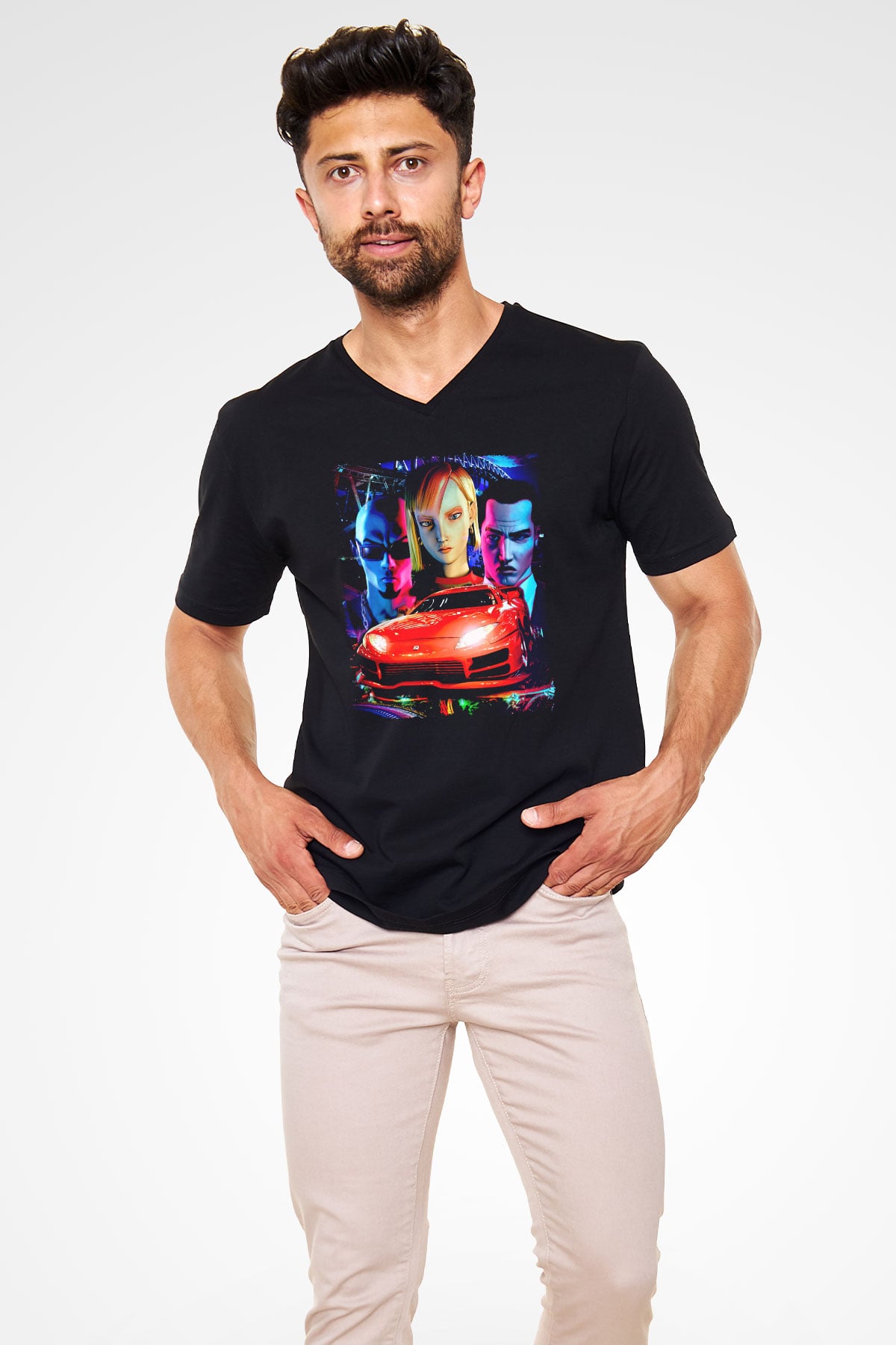 Midnight Club Siyah Unisex V Yaka Tişört