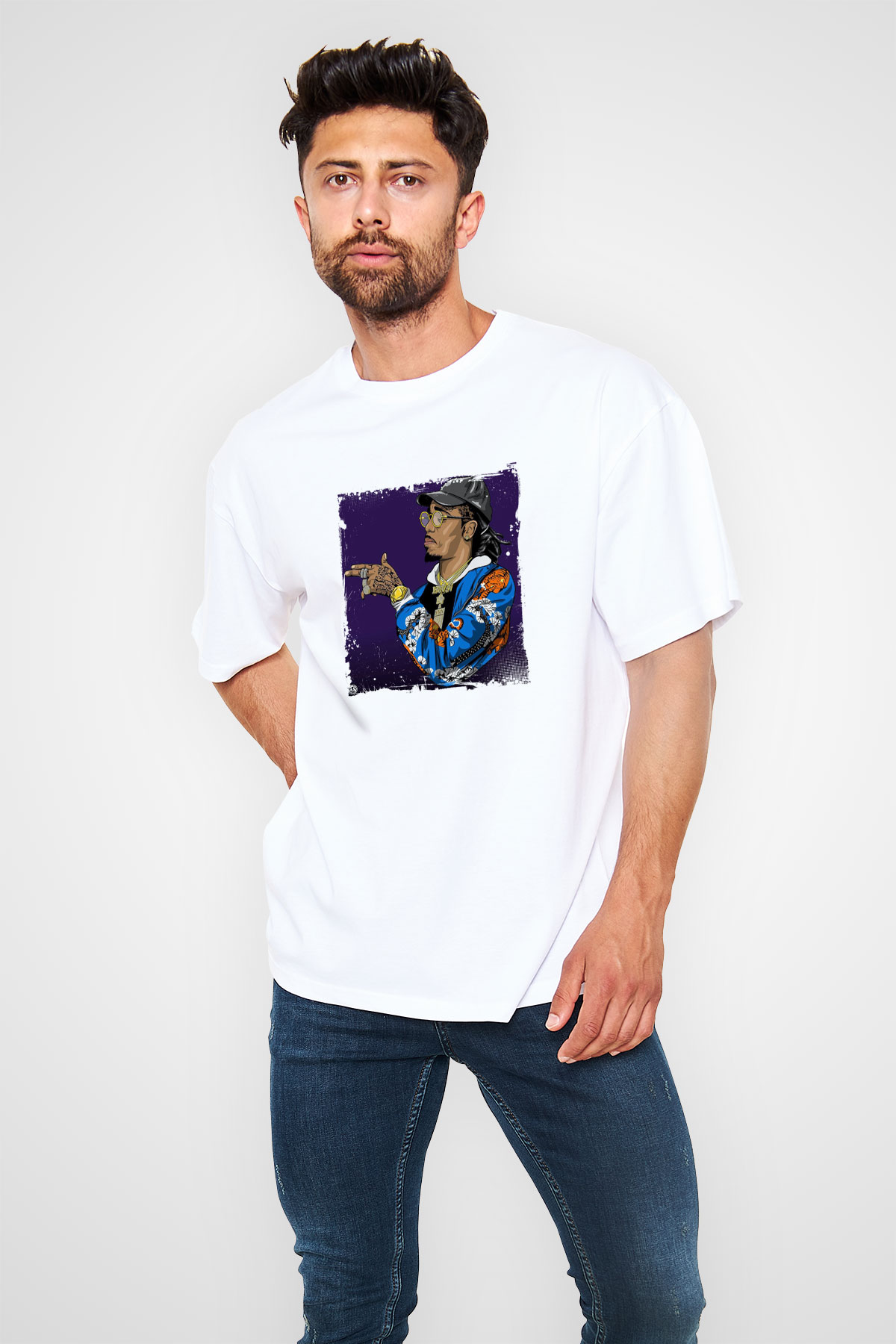 Migos Baskılı Oversize Beyaz Tişört