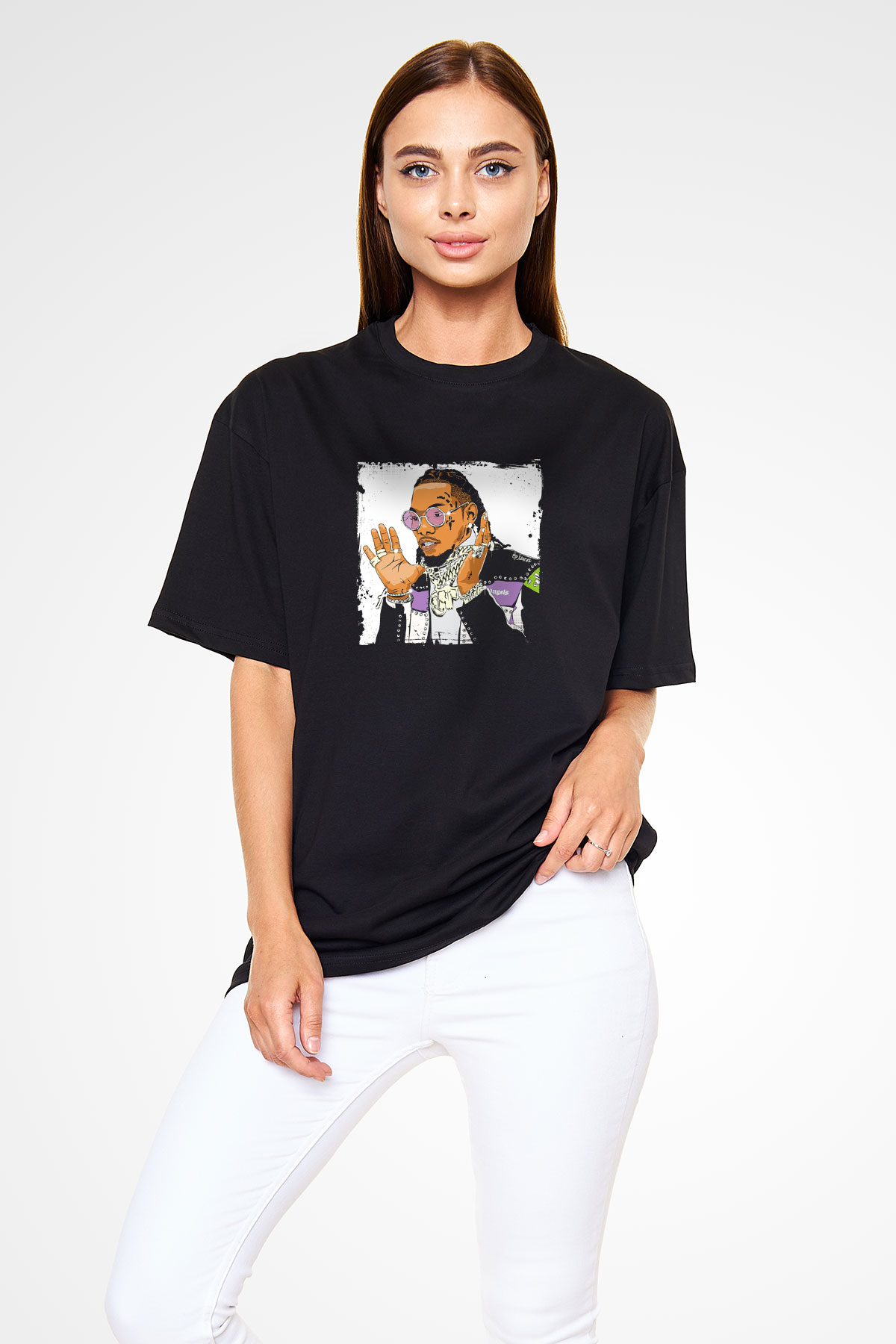 Migos Baskılı Unisex Oversize Siyah Tişört