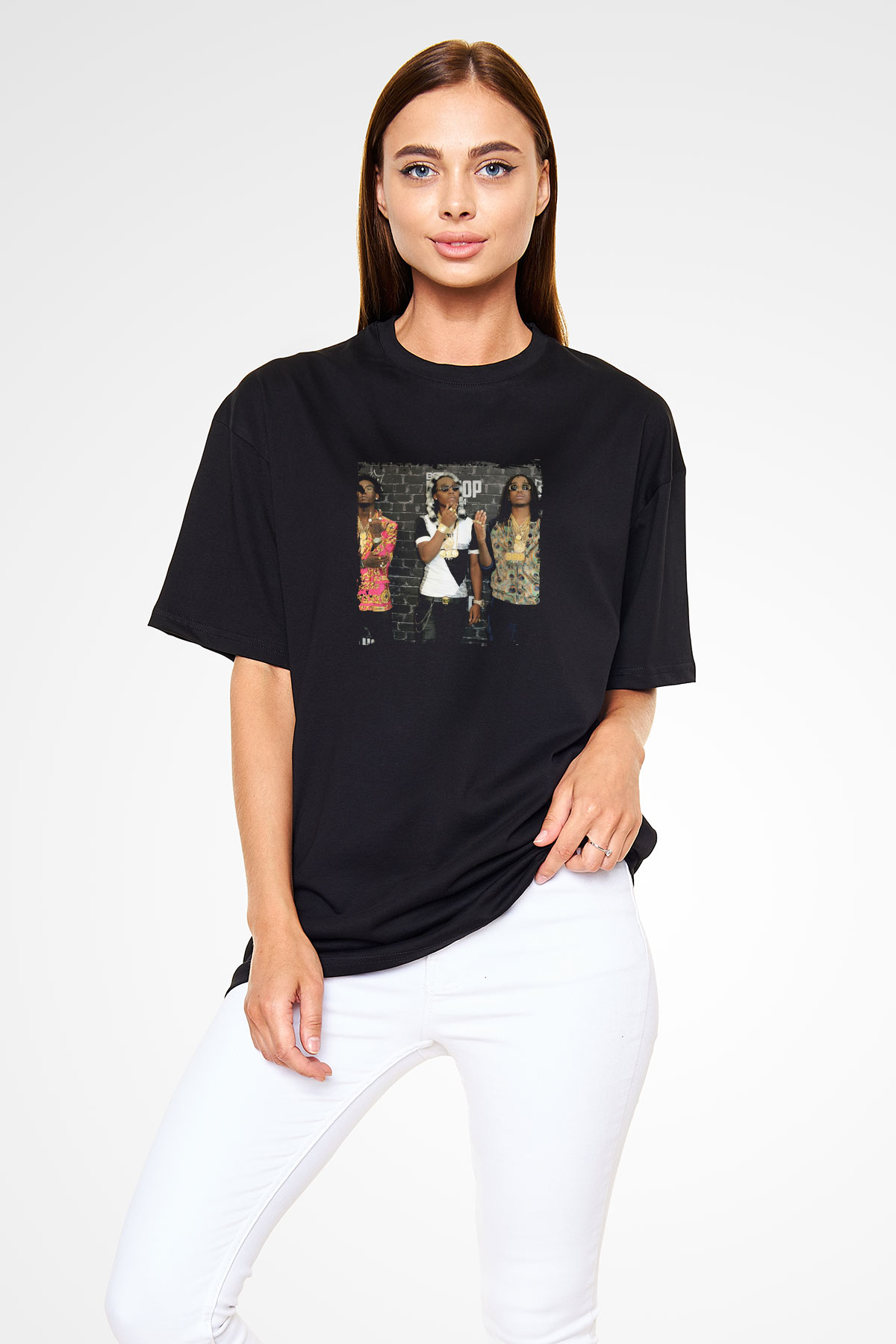 Migos Baskılı Unisex Oversize Siyah Tişört