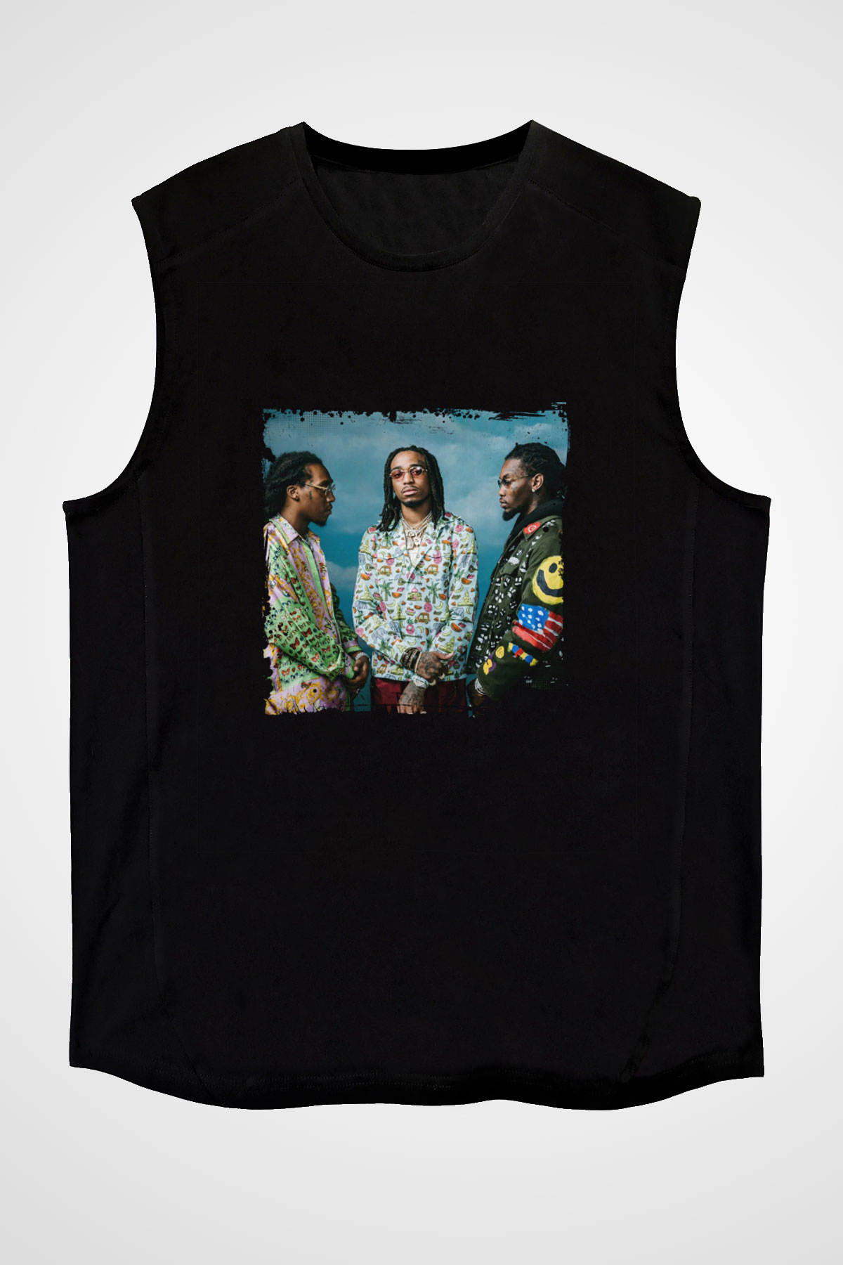 Migos Baskılı Unisex Siyah Kolsuz Tişört