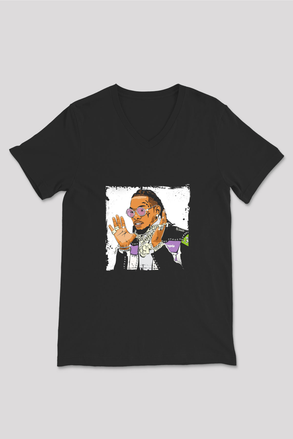 Migos Baskılı Unisex Siyah V Yaka Tişört