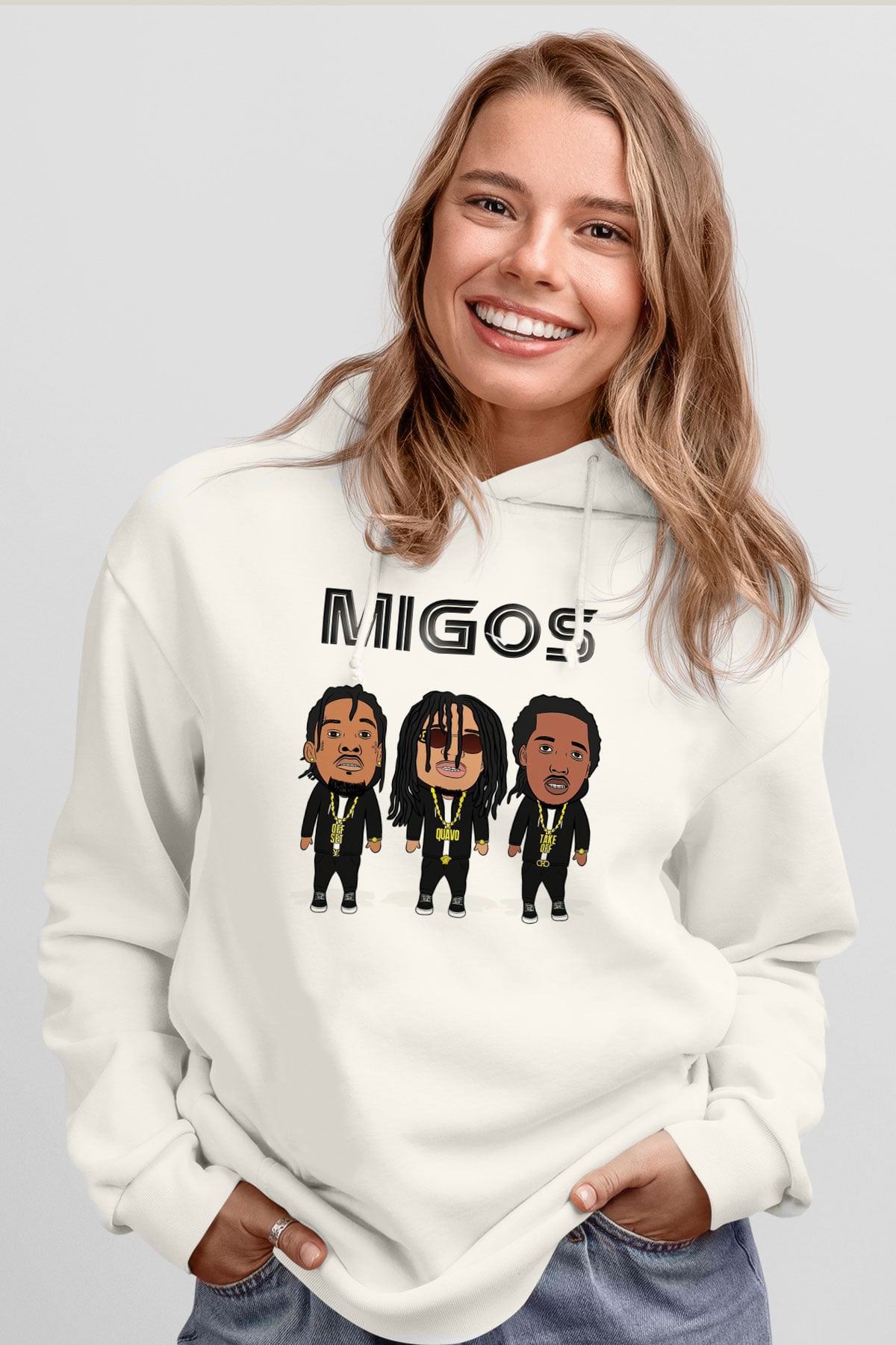 Migos Beyaz Unisex Kapşonlu Sweatshirt