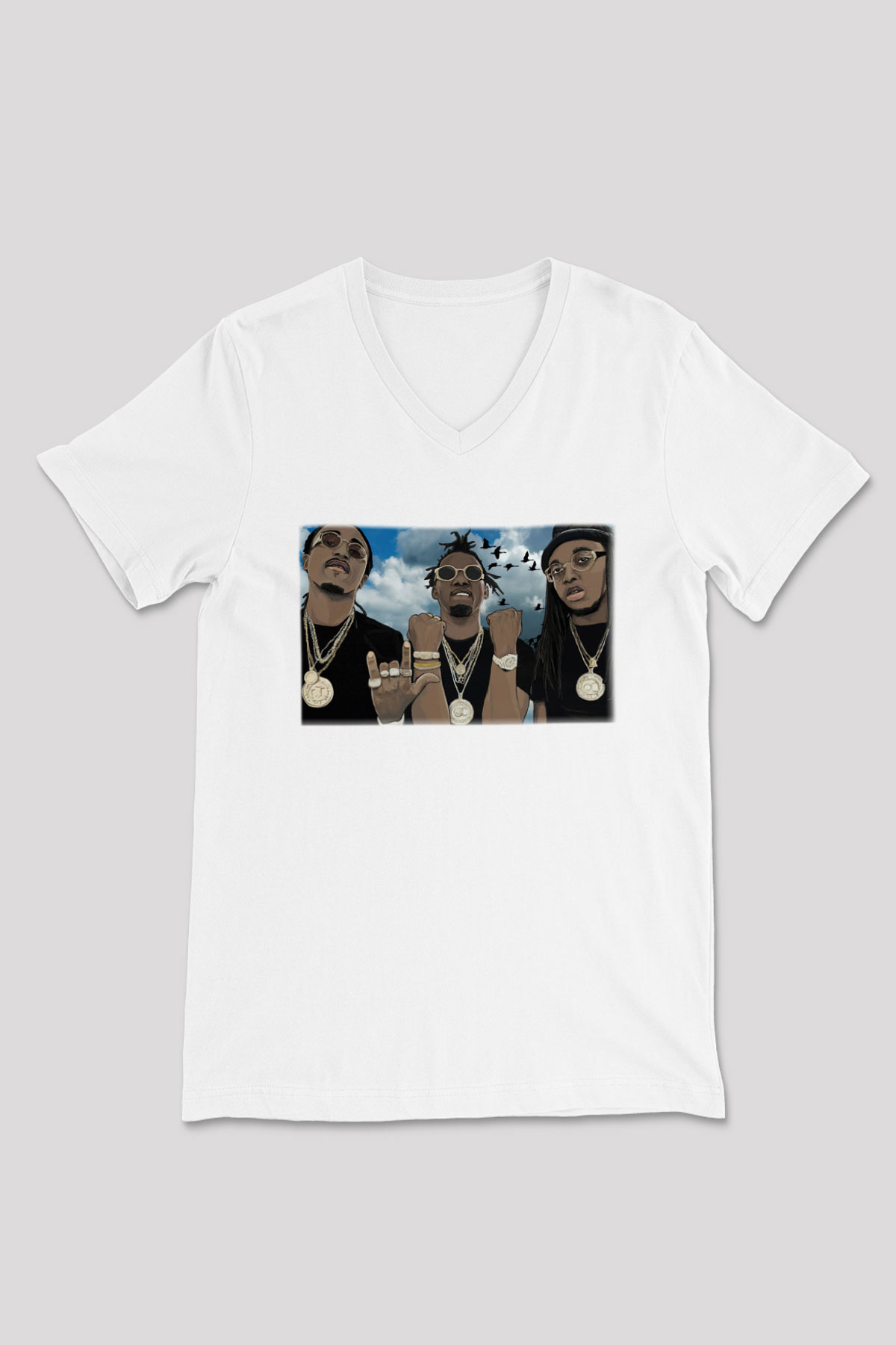 Migos Beyaz Unisex V Yaka Tişört T-Shirt