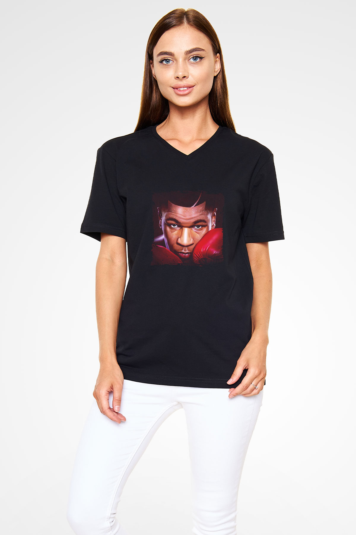 Mike Tyson Baskılı Unisex Siyah V Yaka Tişört